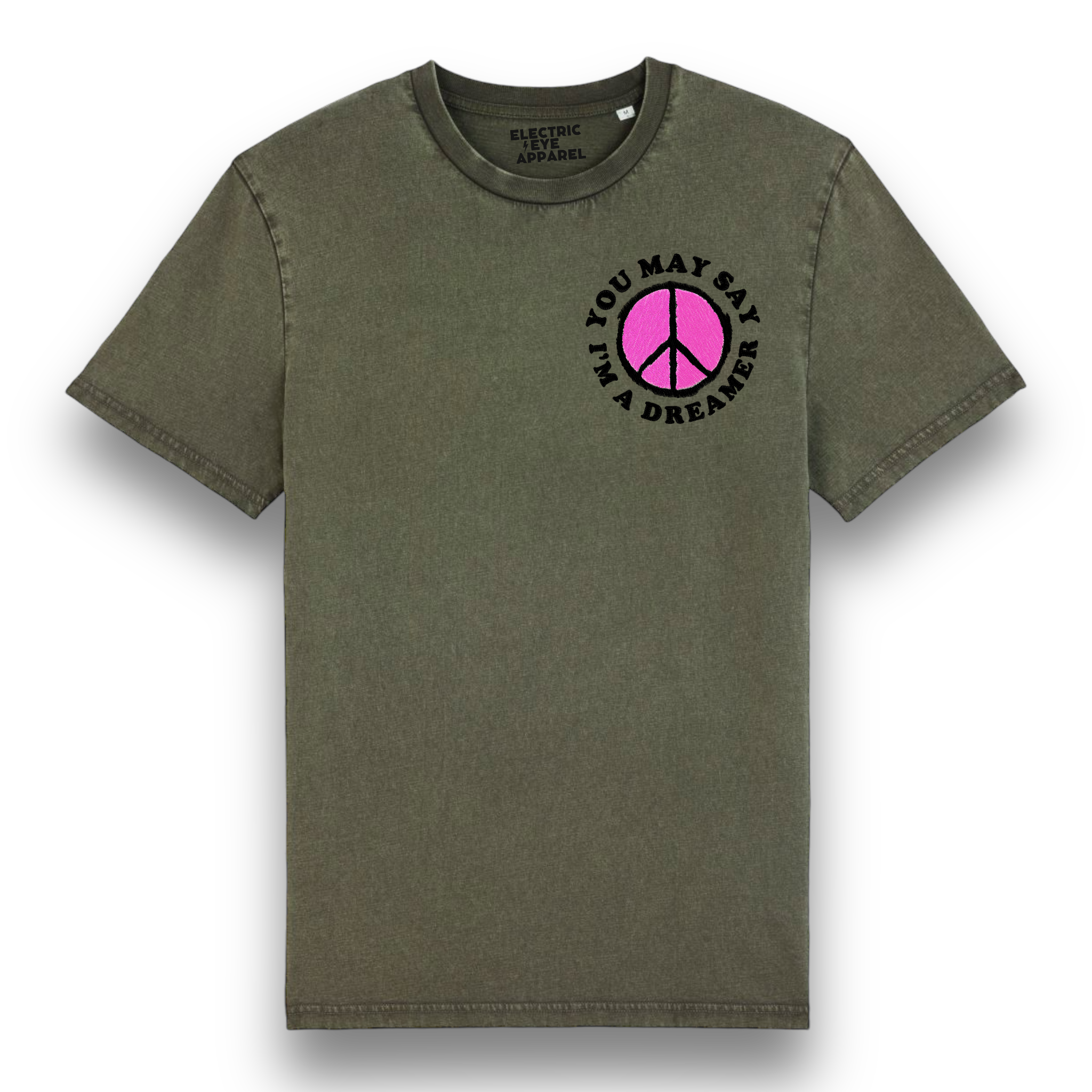 'YOU MAY SAY I'M A DREAMER' peace sign left chest embroidered premium organic unisex vintage aged t-shirt - inspired by John Lennon