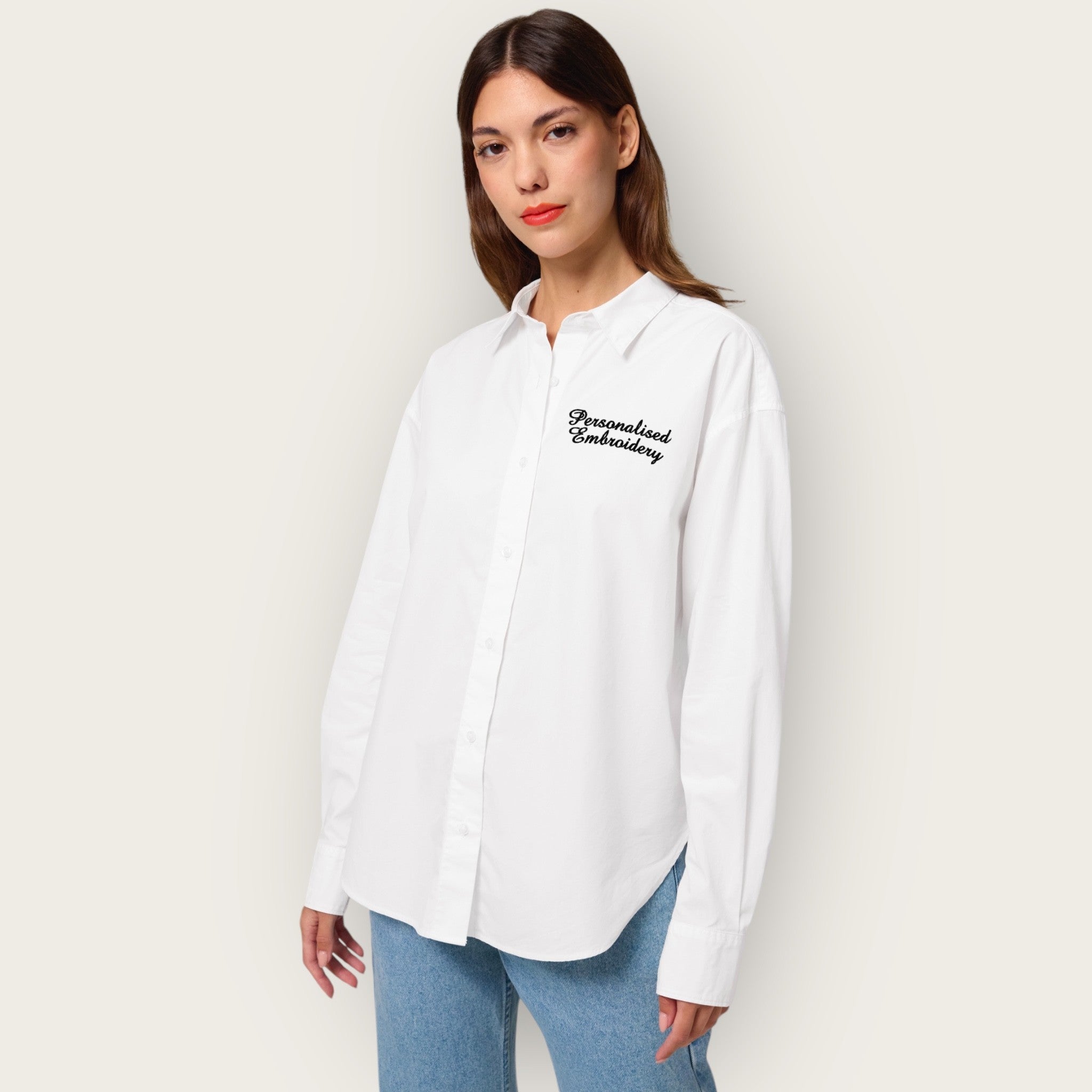 Personalised left chest embroidered women's relaxed fit organic cotton 'Styler' shirt - choose your own font & thread colour