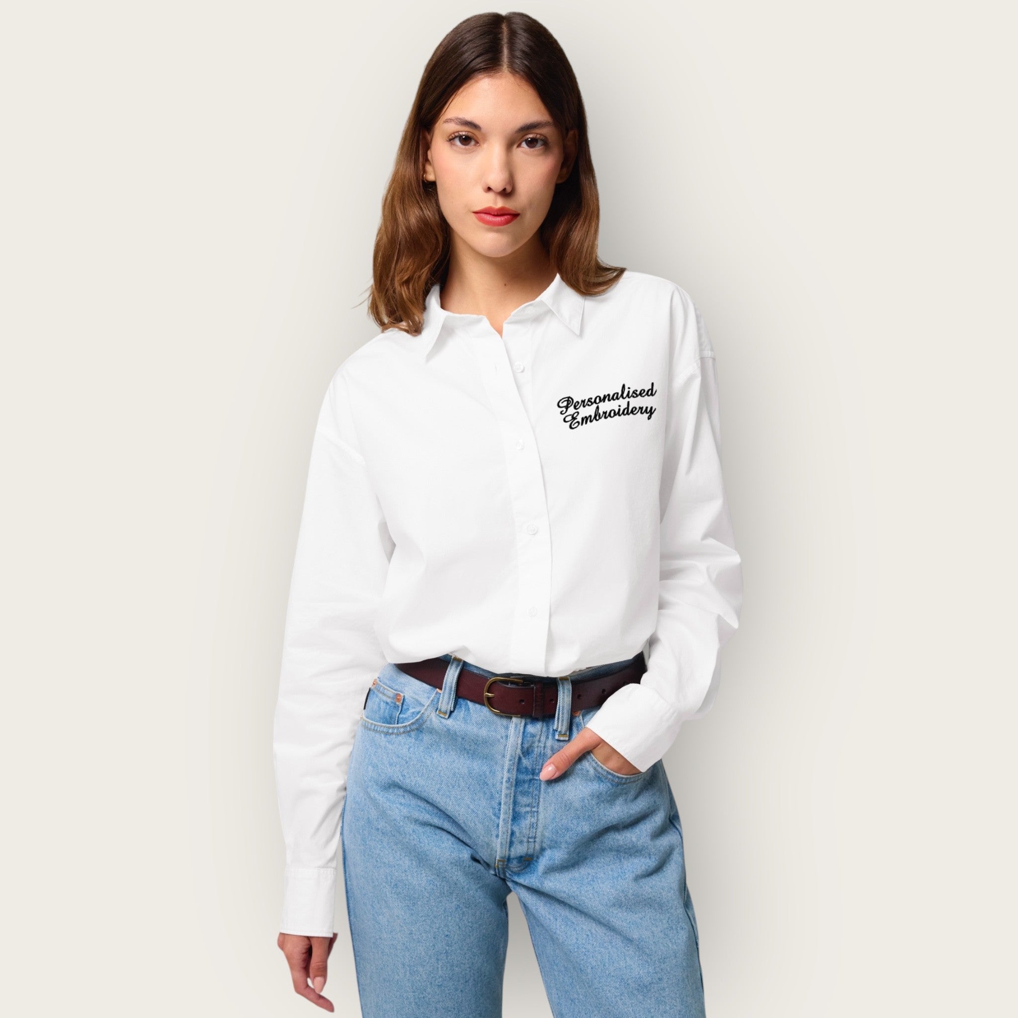 Personalised left chest embroidered women's relaxed fit organic cotton 'Styler' shirt - choose your own font & thread colour