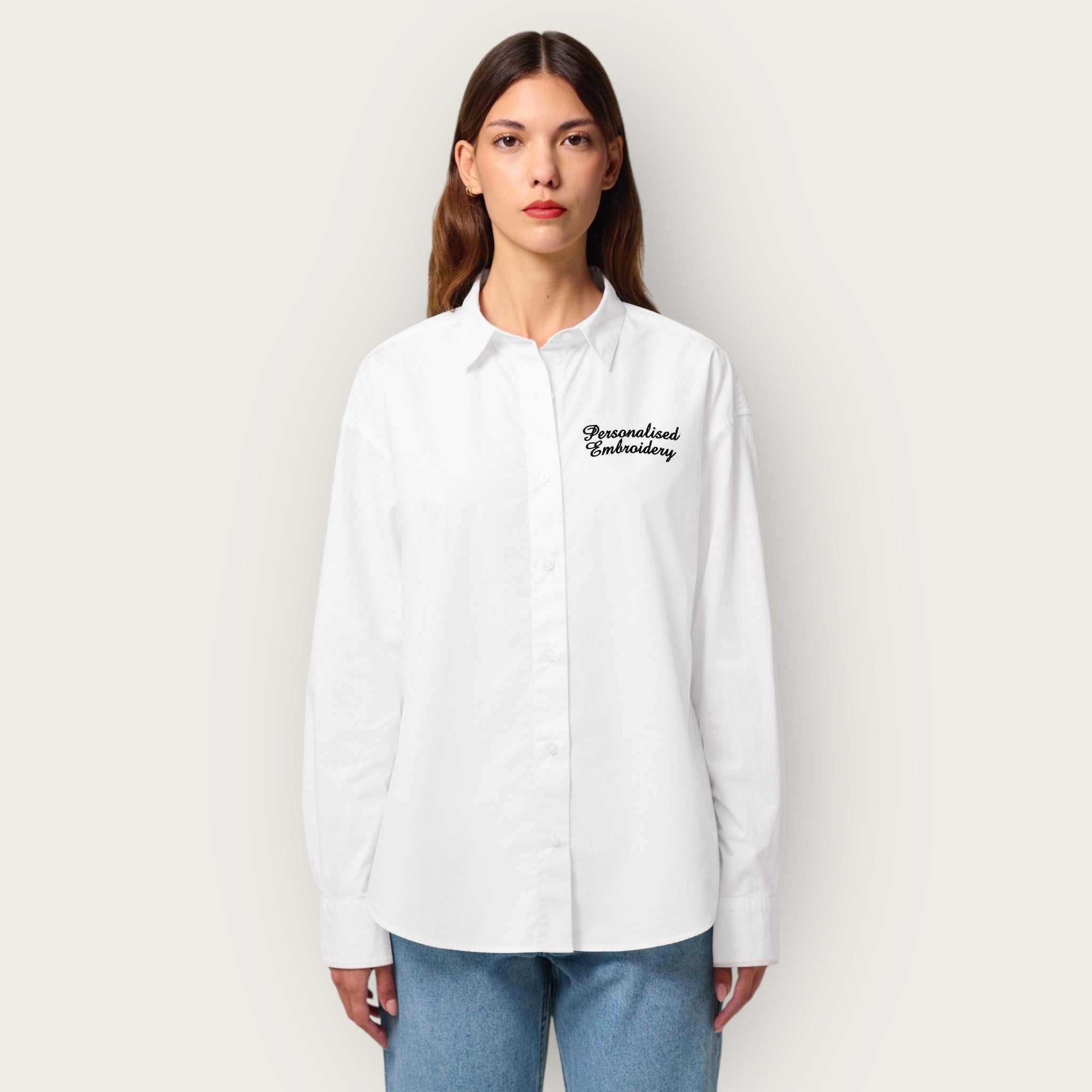 Personalised left chest embroidered women's relaxed fit organic cotton 'Styler' shirt - choose your own font & thread colour
