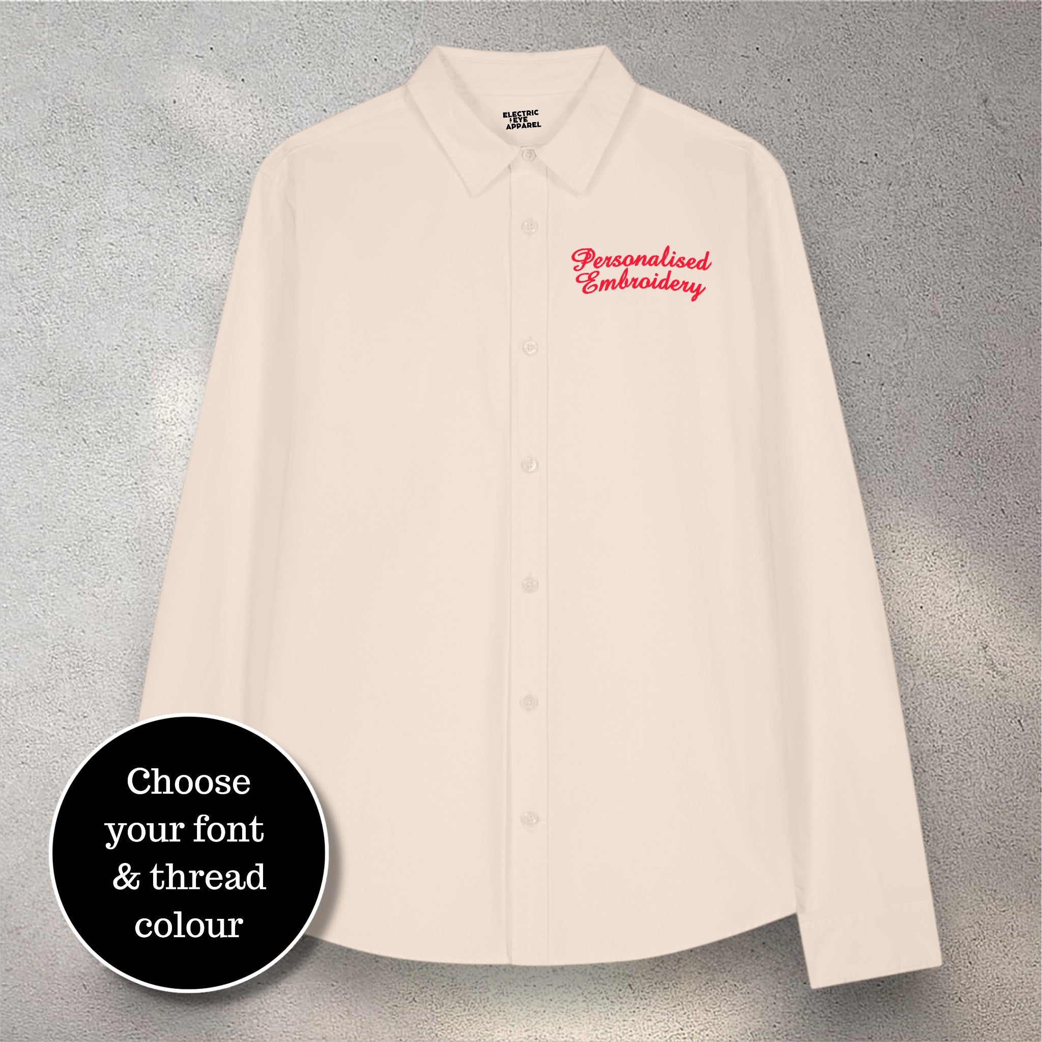Personalised left chest embroidered women's relaxed fit organic cotton 'Styler' shirt - choose your own font & thread colour