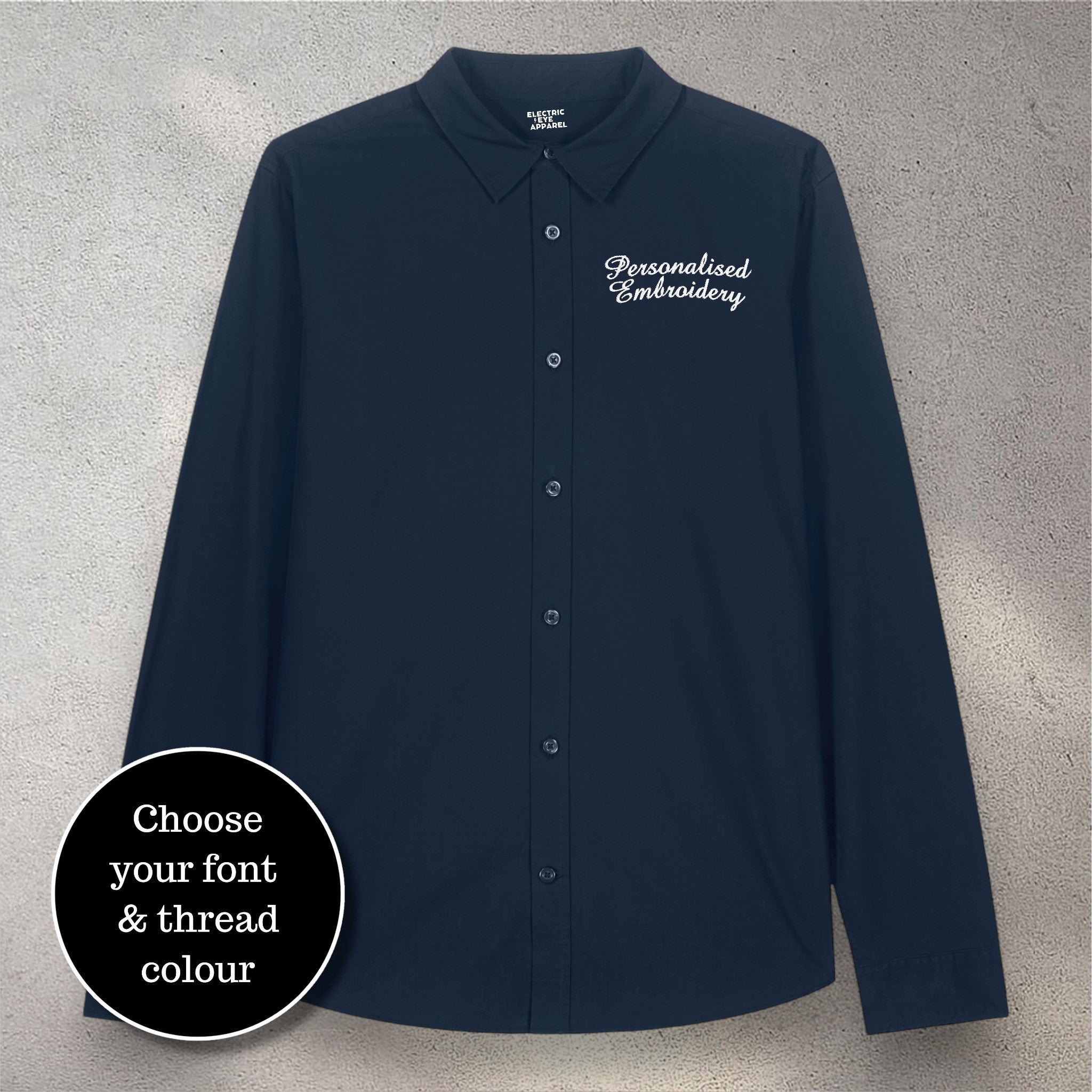 Personalised left chest embroidered women's relaxed fit organic cotton 'Styler' shirt - choose your own font & thread colour