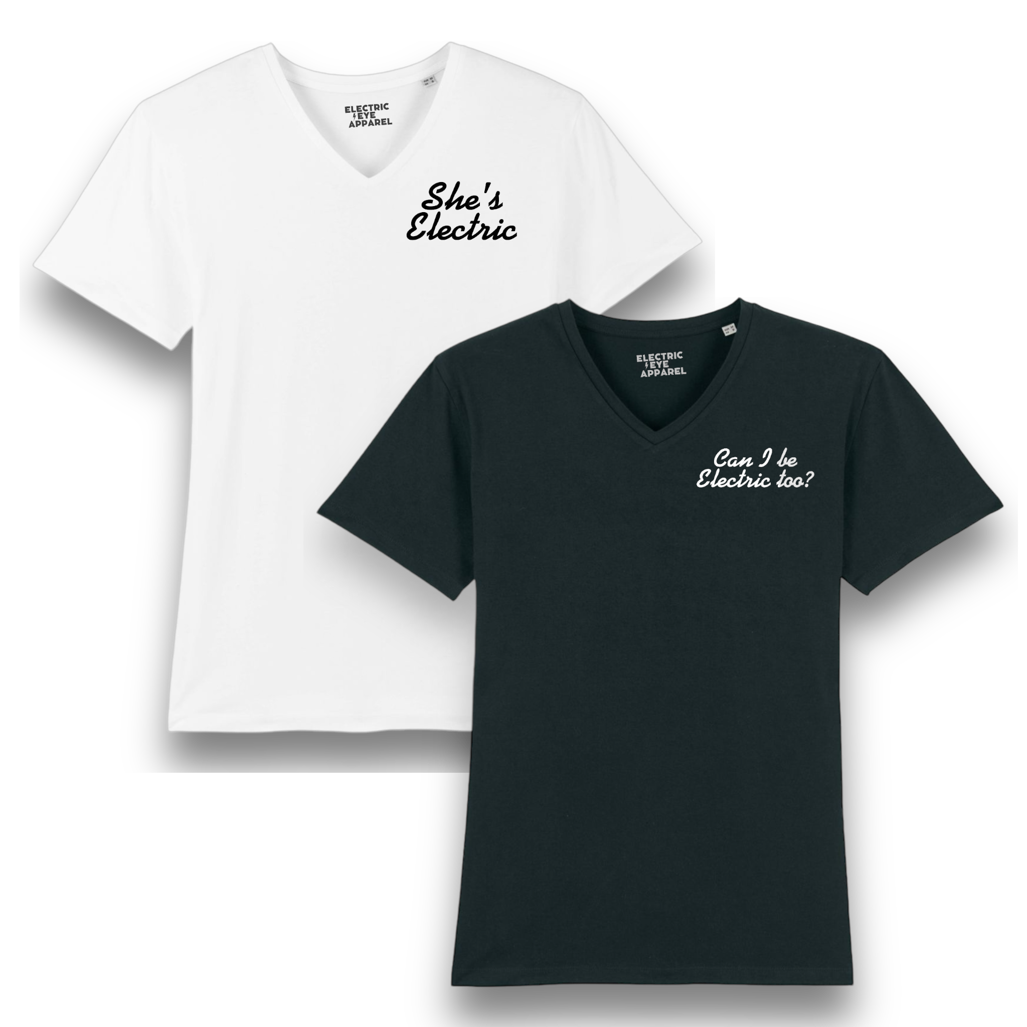'SHE'S ELECTRIC' left chest embroidered premium organic men's medium fit v-neck 'presenter' t-shirt - inspired by Oasis
