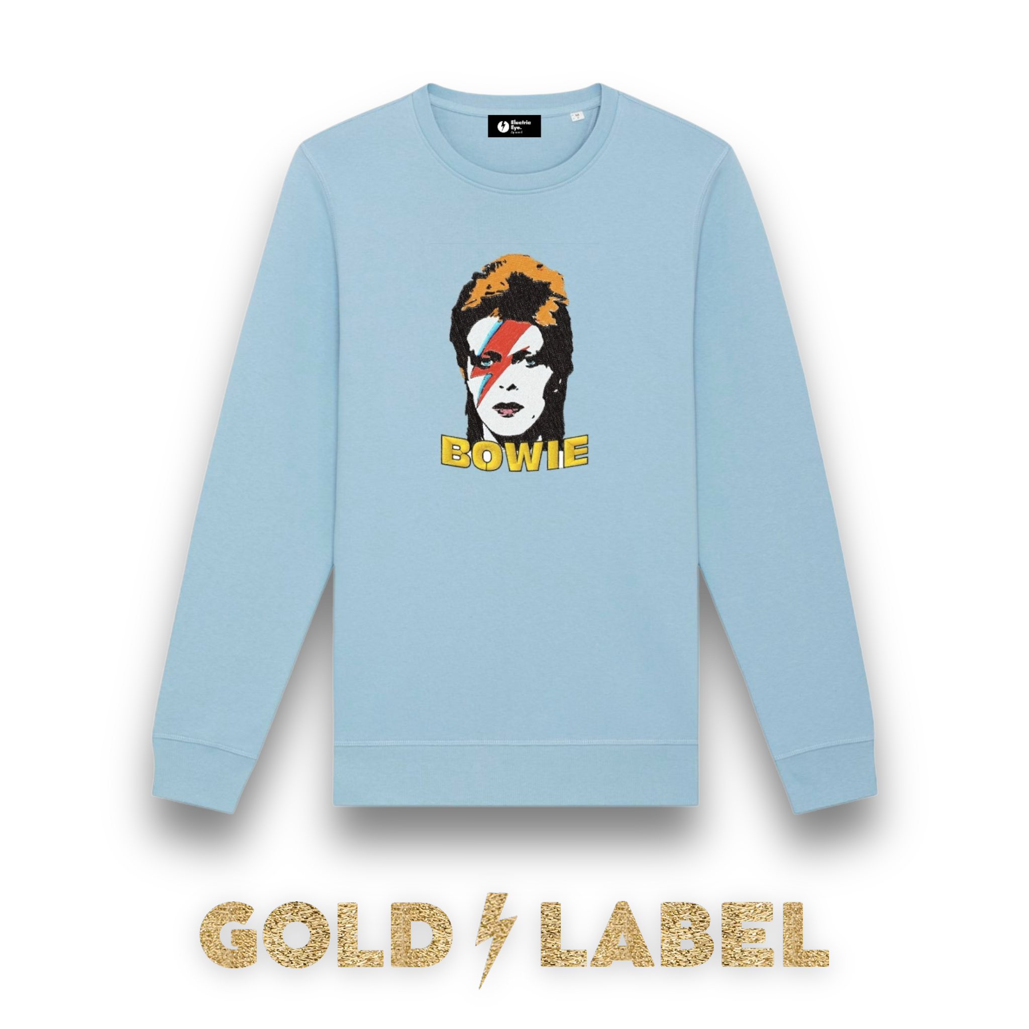 GOLD LABEL UNISEX RETRO BOWIE POP-ART EMBROIDERED ORGANIC COTTON CREW NECK 'ROLLER' SWEATSHIRT - OPTIONAL 'BOWIE' TEXT COLOUR