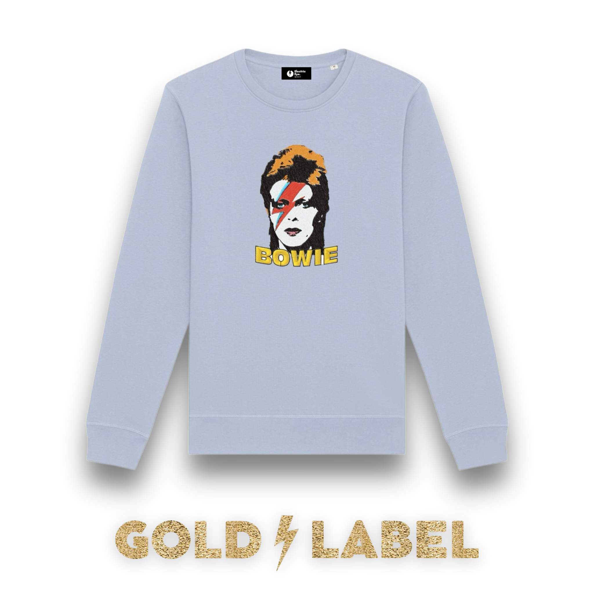 GOLD LABEL UNISEX RETRO BOWIE POP-ART EMBROIDERED ORGANIC COTTON CREW NECK 'ROLLER' SWEATSHIRT - OPTIONAL 'BOWIE' TEXT COLOUR