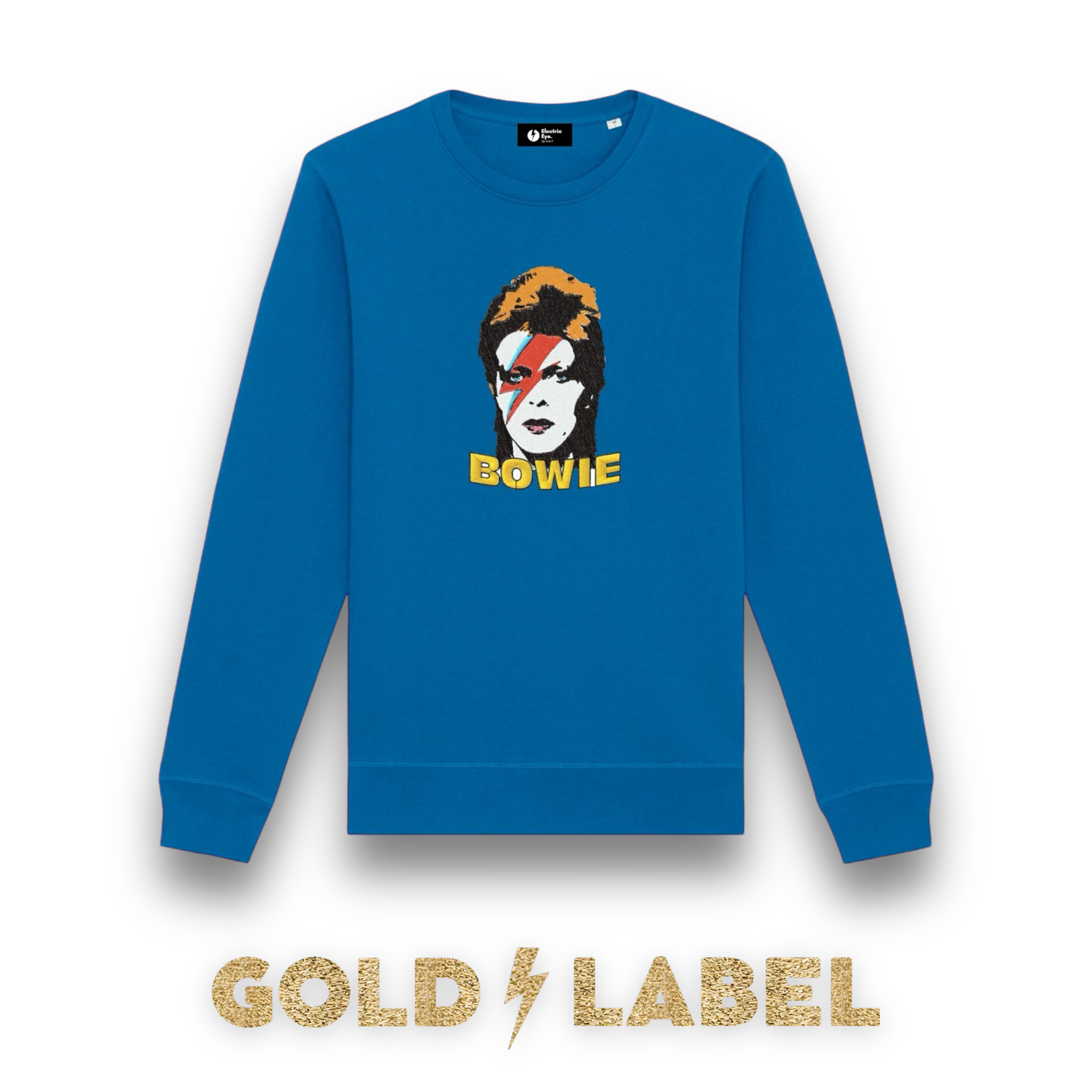 GOLD LABEL UNISEX RETRO BOWIE POP-ART EMBROIDERED ORGANIC COTTON CREW NECK 'ROLLER' SWEATSHIRT - OPTIONAL 'BOWIE' TEXT COLOUR
