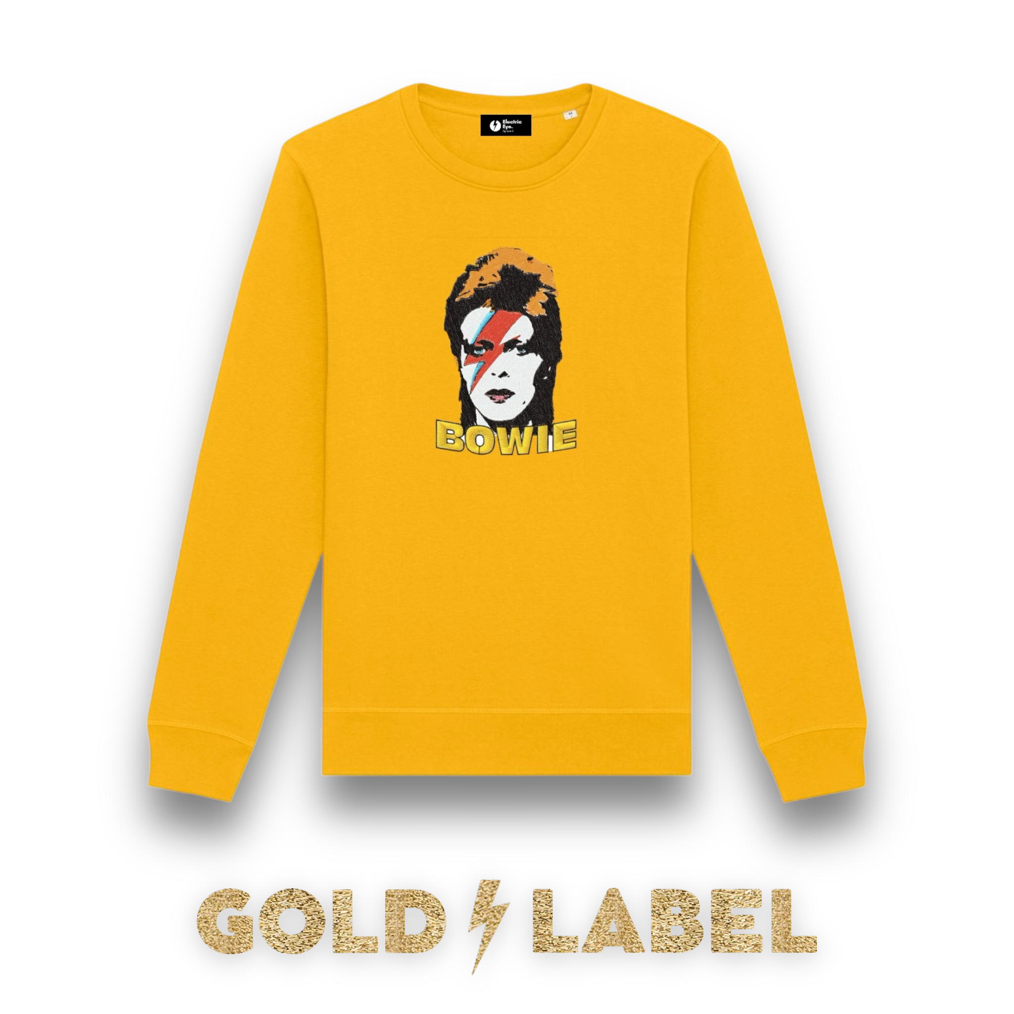 GOLD LABEL UNISEX RETRO BOWIE POP-ART EMBROIDERED ORGANIC COTTON CREW NECK 'ROLLER' SWEATSHIRT - OPTIONAL 'BOWIE' TEXT COLOUR