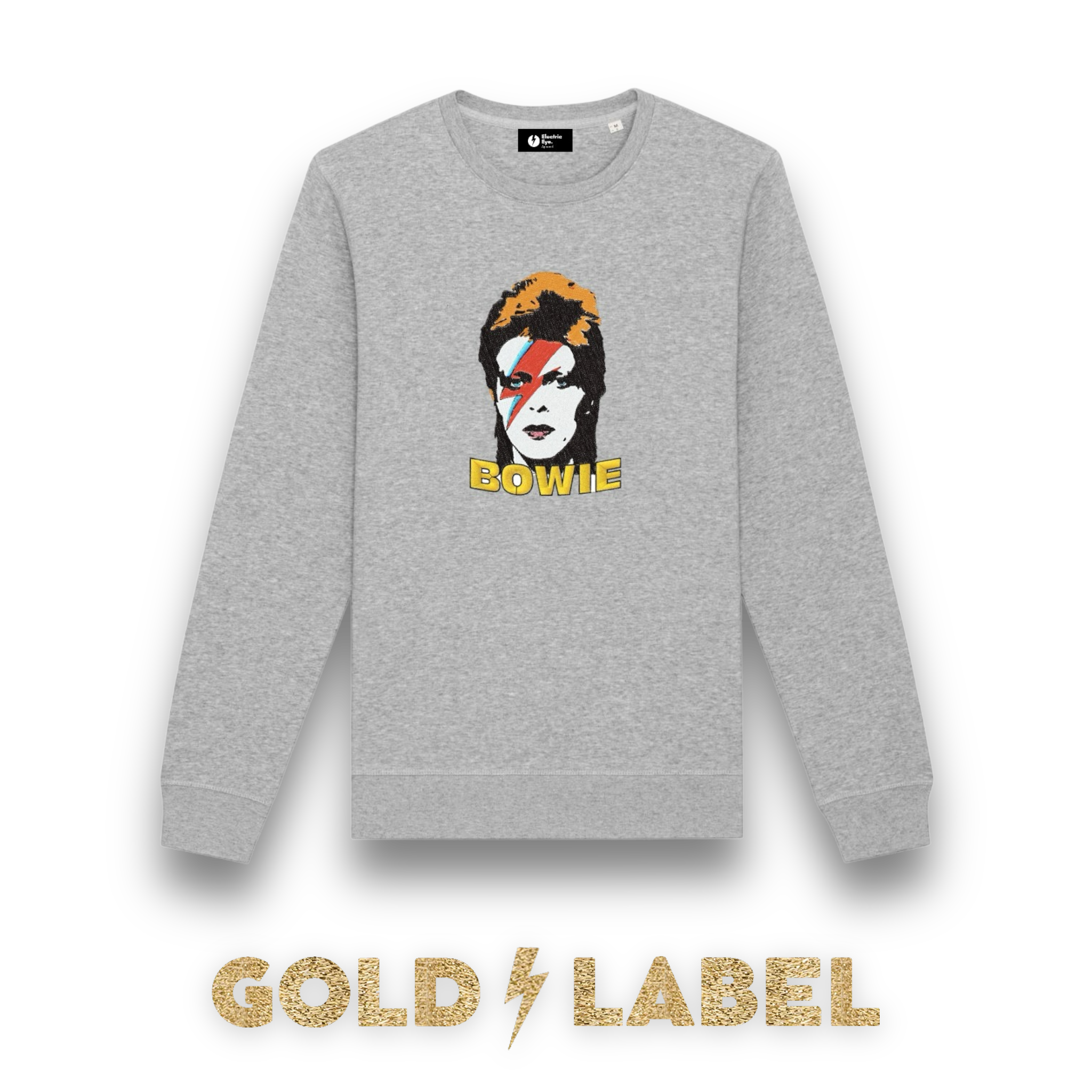 GOLD LABEL UNISEX RETRO BOWIE POP-ART EMBROIDERED ORGANIC COTTON CREW NECK 'ROLLER' SWEATSHIRT - OPTIONAL 'BOWIE' TEXT COLOUR