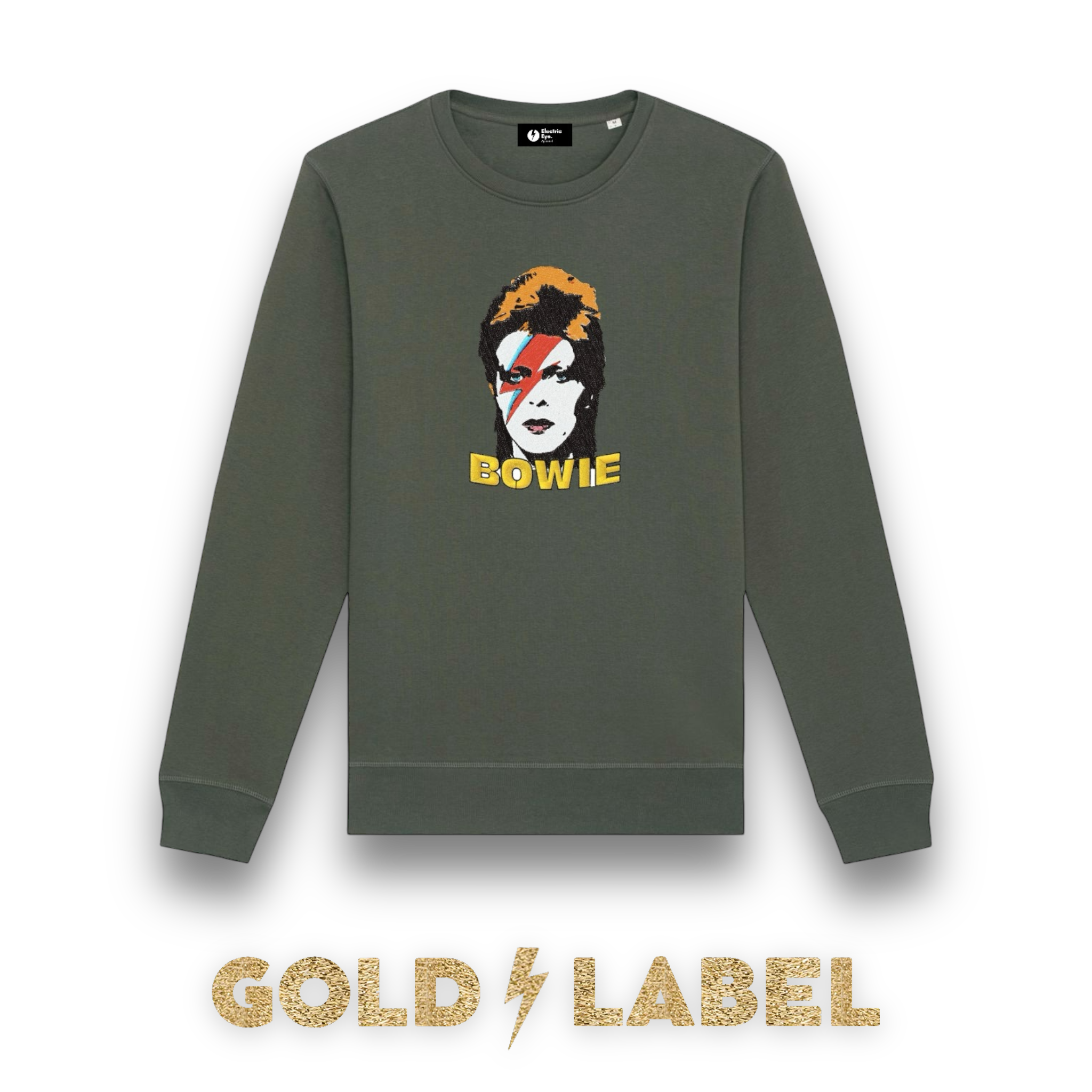 GOLD LABEL UNISEX RETRO BOWIE POP-ART EMBROIDERED ORGANIC COTTON CREW NECK 'ROLLER' SWEATSHIRT - OPTIONAL 'BOWIE' TEXT COLOUR