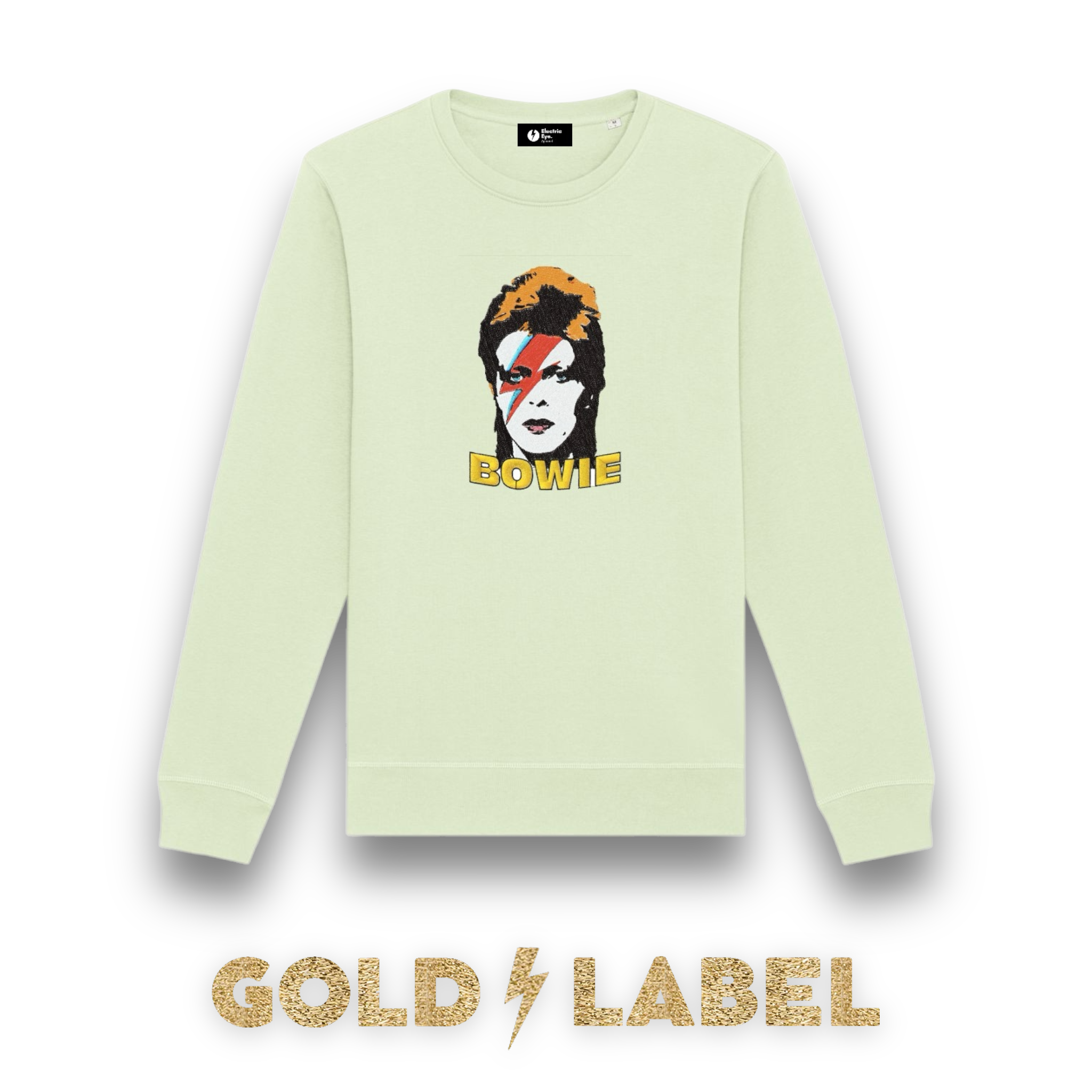GOLD LABEL UNISEX RETRO BOWIE POP-ART EMBROIDERED ORGANIC COTTON CREW NECK 'ROLLER' SWEATSHIRT - OPTIONAL 'BOWIE' TEXT COLOUR