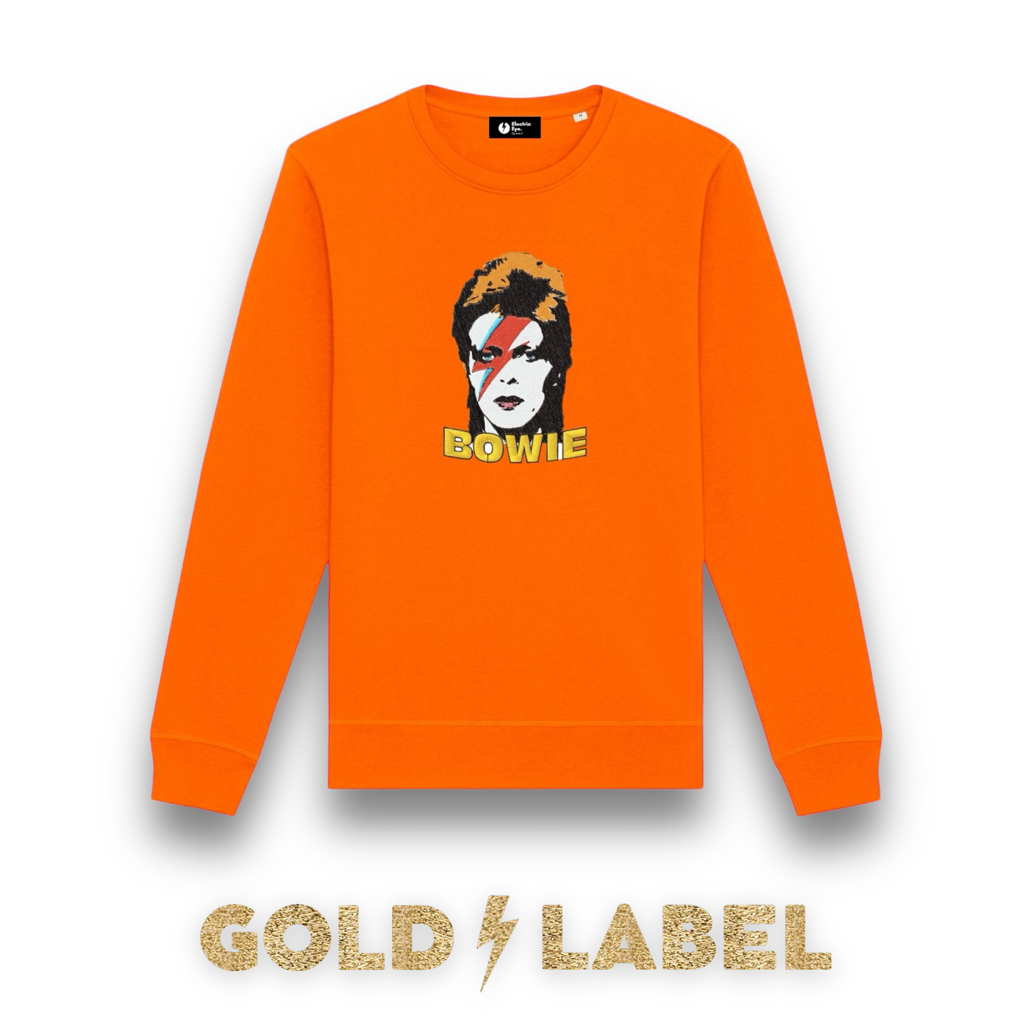 GOLD LABEL UNISEX RETRO BOWIE POP-ART EMBROIDERED ORGANIC COTTON CREW NECK 'ROLLER' SWEATSHIRT - OPTIONAL 'BOWIE' TEXT COLOUR