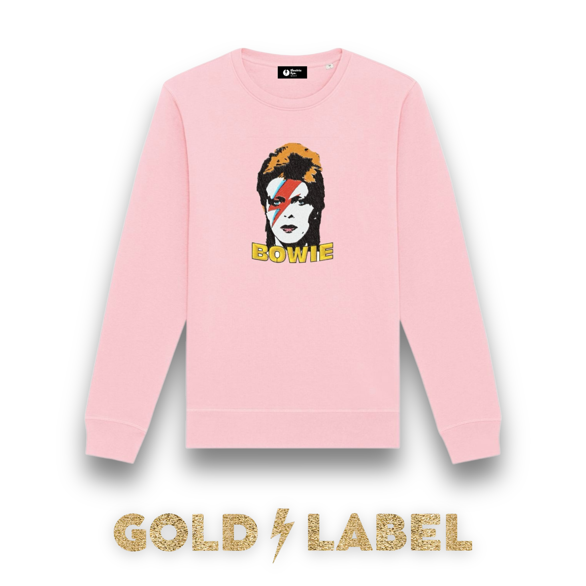 GOLD LABEL UNISEX RETRO BOWIE POP-ART EMBROIDERED ORGANIC COTTON CREW NECK 'ROLLER' SWEATSHIRT - OPTIONAL 'BOWIE' TEXT COLOUR
