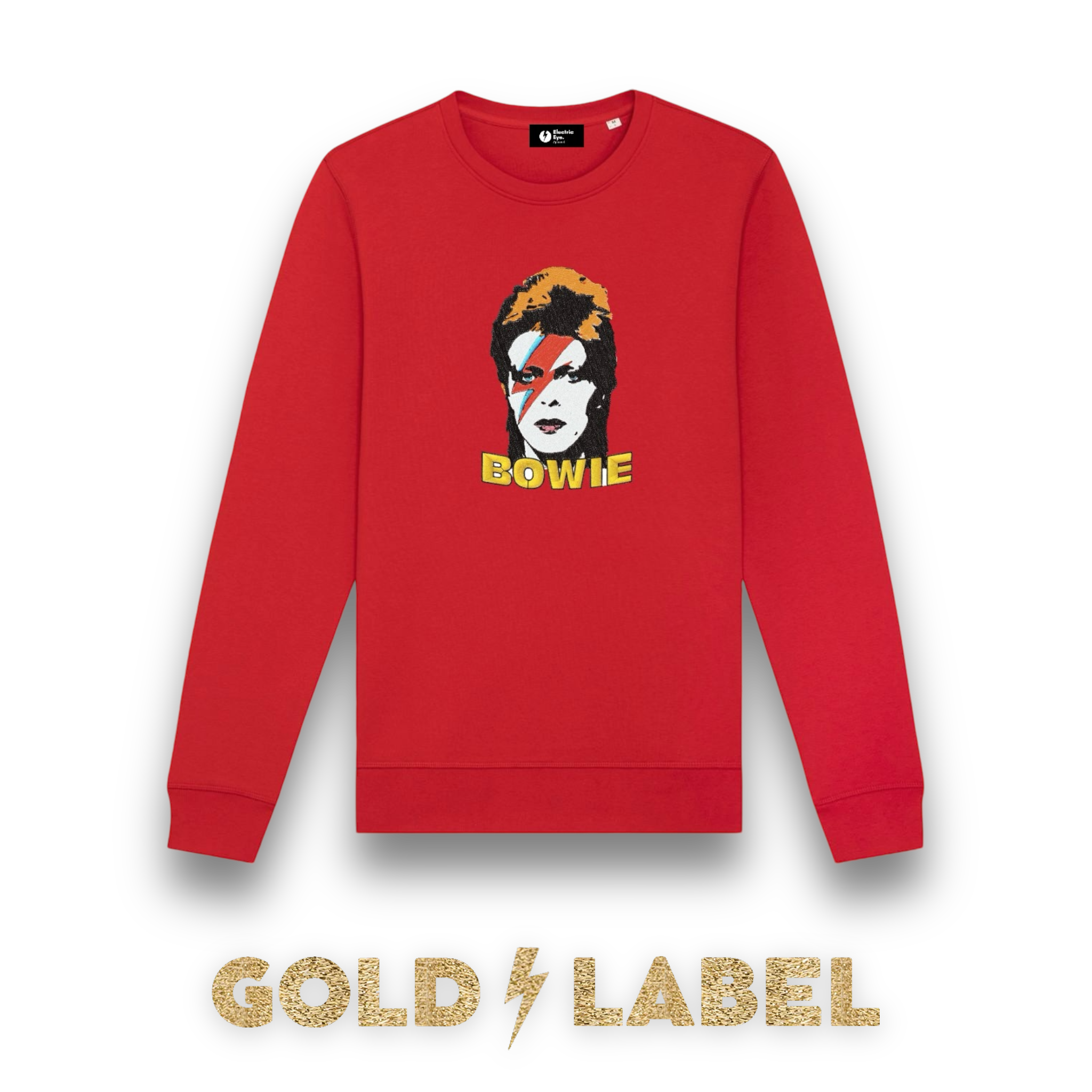 GOLD LABEL UNISEX RETRO BOWIE POP-ART EMBROIDERED ORGANIC COTTON CREW NECK 'ROLLER' SWEATSHIRT - OPTIONAL 'BOWIE' TEXT COLOUR