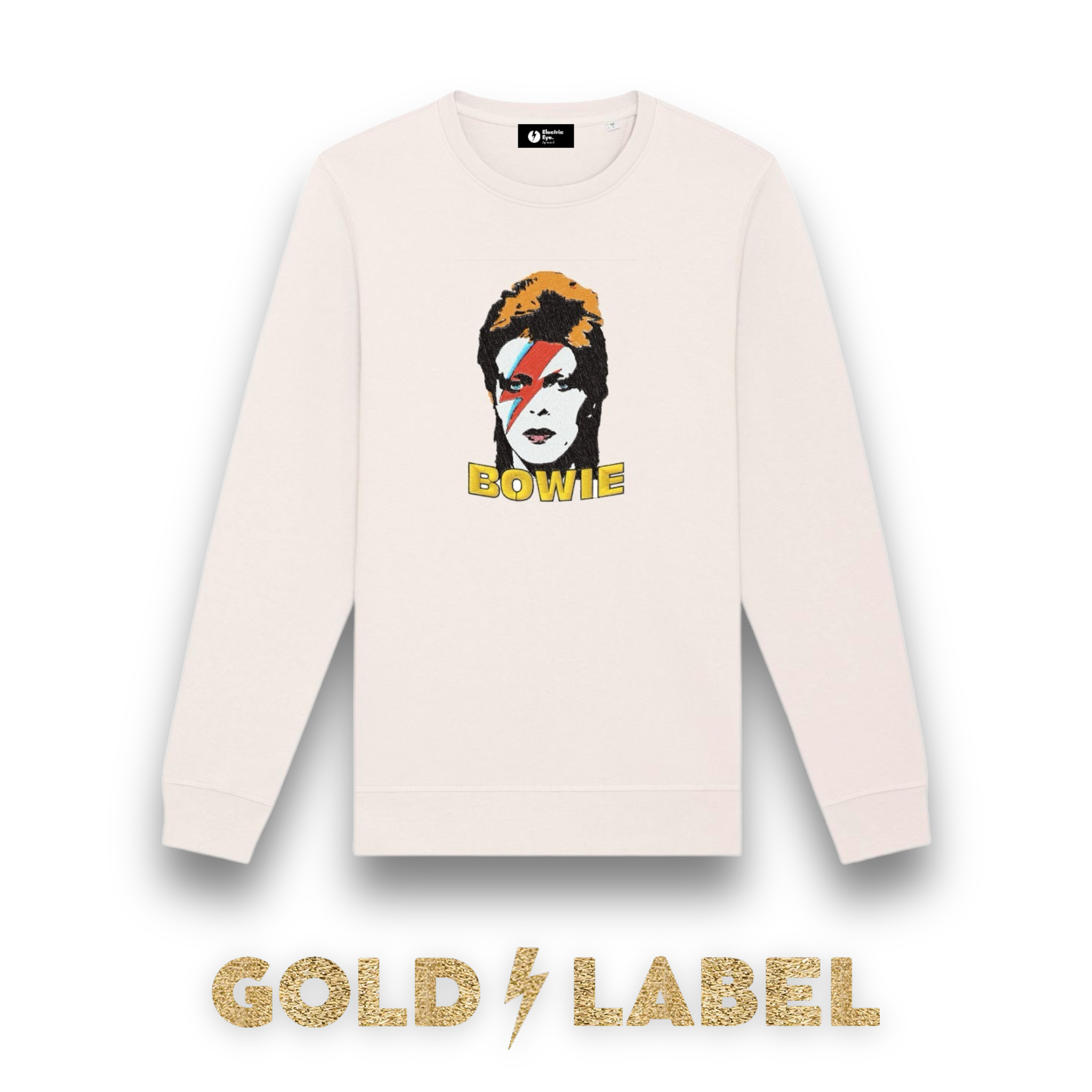 GOLD LABEL UNISEX RETRO BOWIE POP-ART EMBROIDERED ORGANIC COTTON CREW NECK 'ROLLER' SWEATSHIRT - OPTIONAL 'BOWIE' TEXT COLOUR
