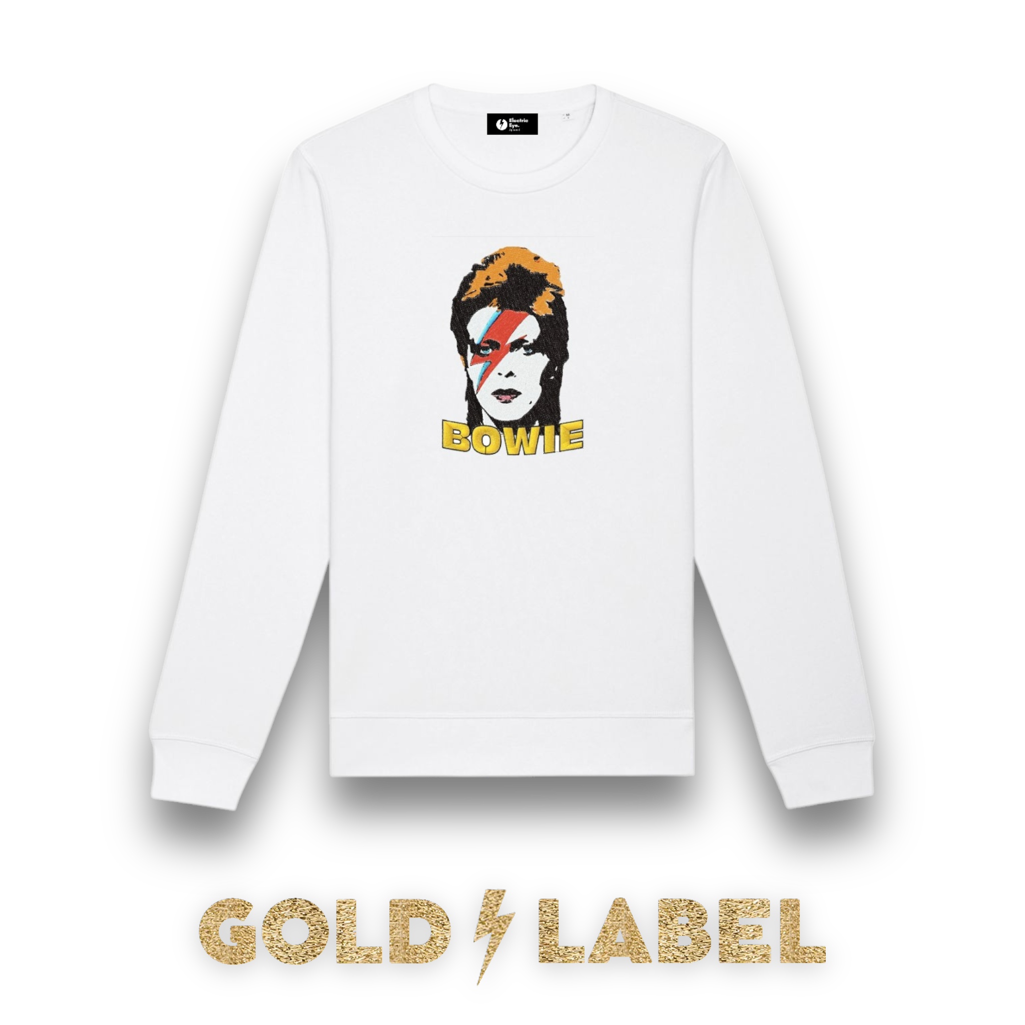 GOLD LABEL UNISEX RETRO BOWIE POP-ART EMBROIDERED ORGANIC COTTON CREW NECK 'ROLLER' SWEATSHIRT - OPTIONAL 'BOWIE' TEXT COLOUR