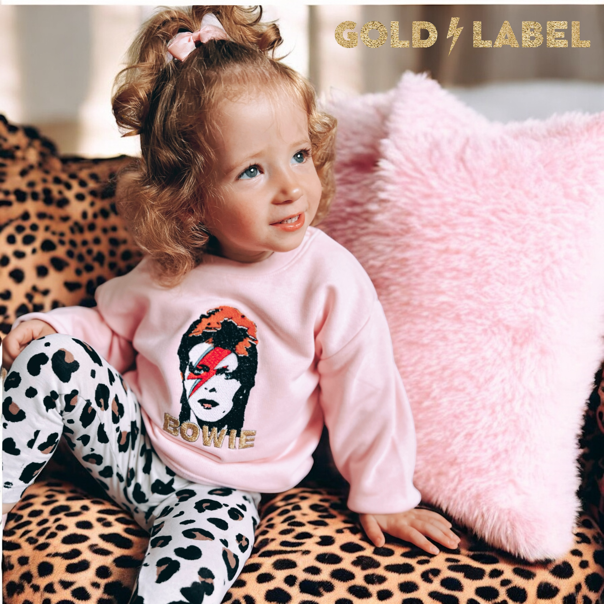 GOLD LABEL BABY / TODDLER RETRO BOWIE POP-ART FACE EMBROIDERED ORGANIC COTTON SWEATSHIRT - OPTIONAL 'BOWIE' TEXT COLOUR
