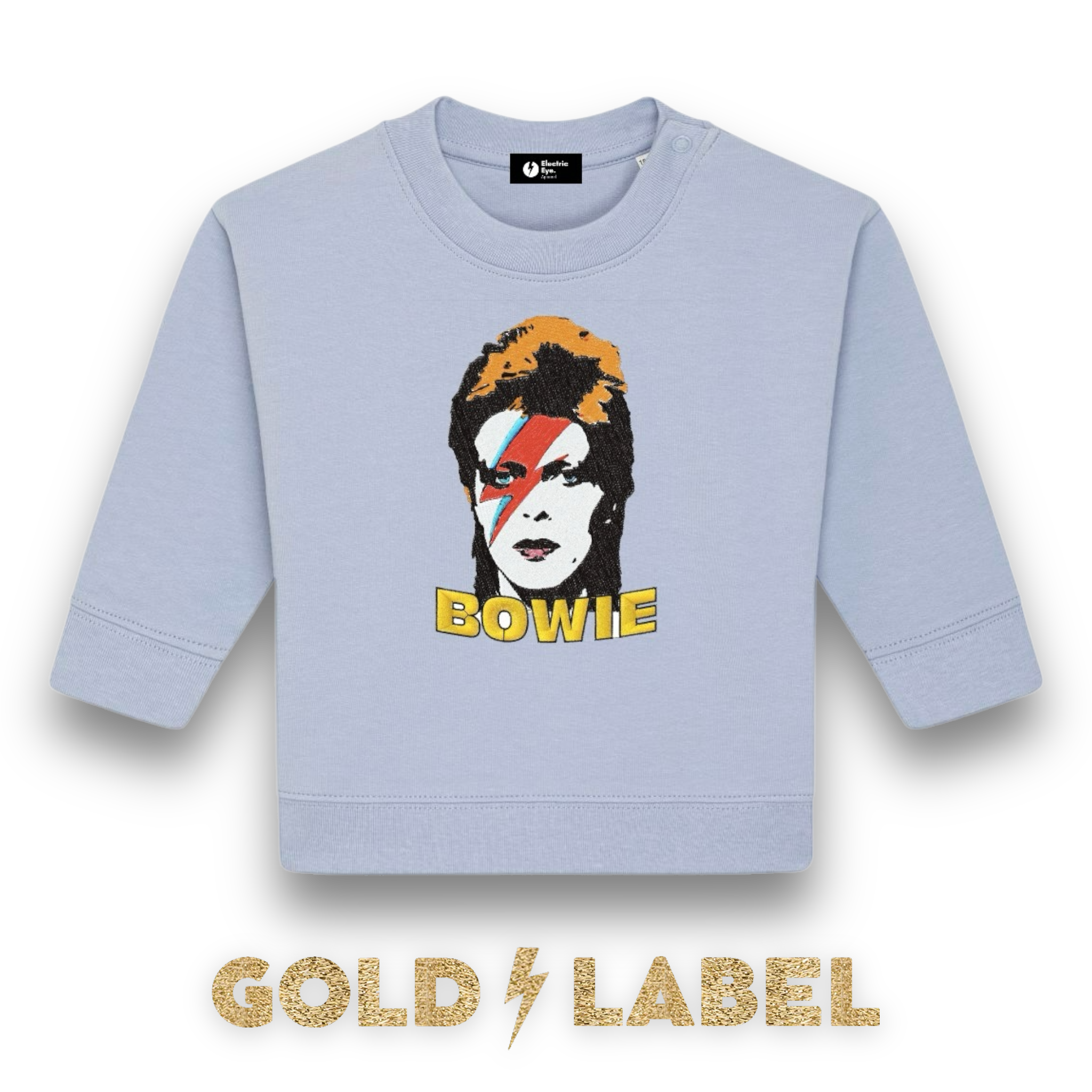 GOLD LABEL BABY / TODDLER RETRO BOWIE POP-ART FACE EMBROIDERED ORGANIC COTTON SWEATSHIRT - OPTIONAL 'BOWIE' TEXT COLOUR