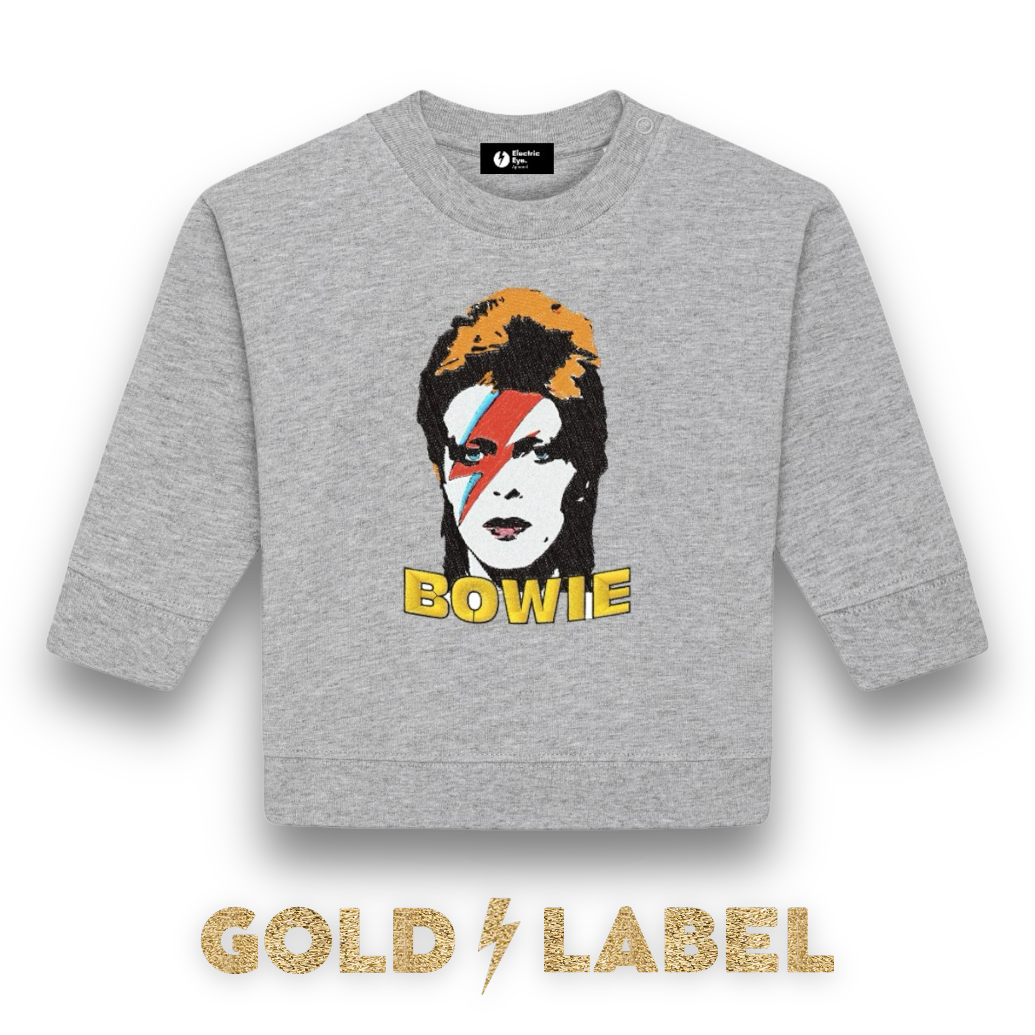 GOLD LABEL BABY / TODDLER RETRO BOWIE POP-ART FACE EMBROIDERED ORGANIC COTTON SWEATSHIRT - OPTIONAL 'BOWIE' TEXT COLOUR