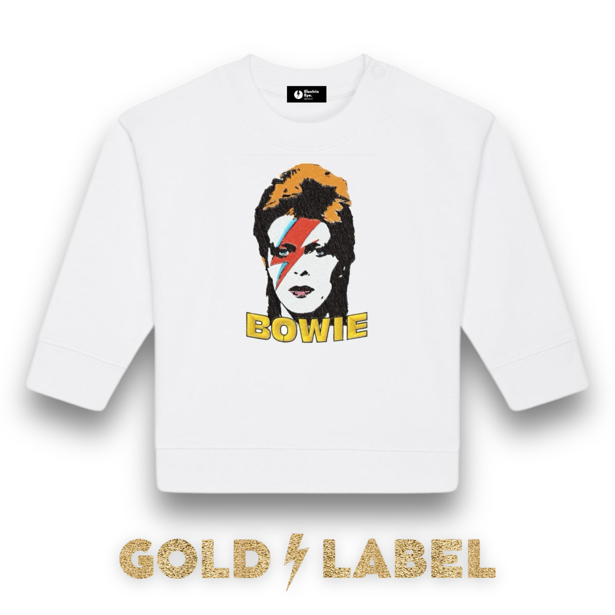 GOLD LABEL BABY / TODDLER RETRO BOWIE POP-ART FACE EMBROIDERED ORGANIC COTTON SWEATSHIRT - OPTIONAL 'BOWIE' TEXT COLOUR