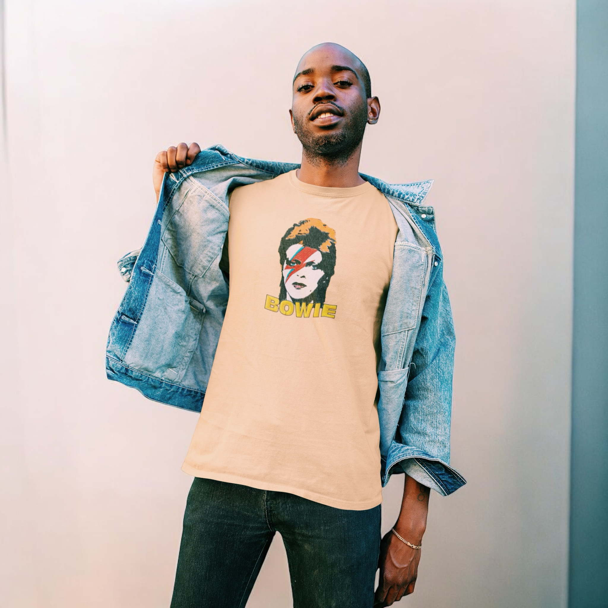 GOLD LABEL UNISEX RETRO BOWIE POP-ART EMBROIDERED ORGANIC AGED DYE 'CREATOR VINTAGE' T-SHIRT - OPTIONAL 'BOWIE' TEXT COLOUR