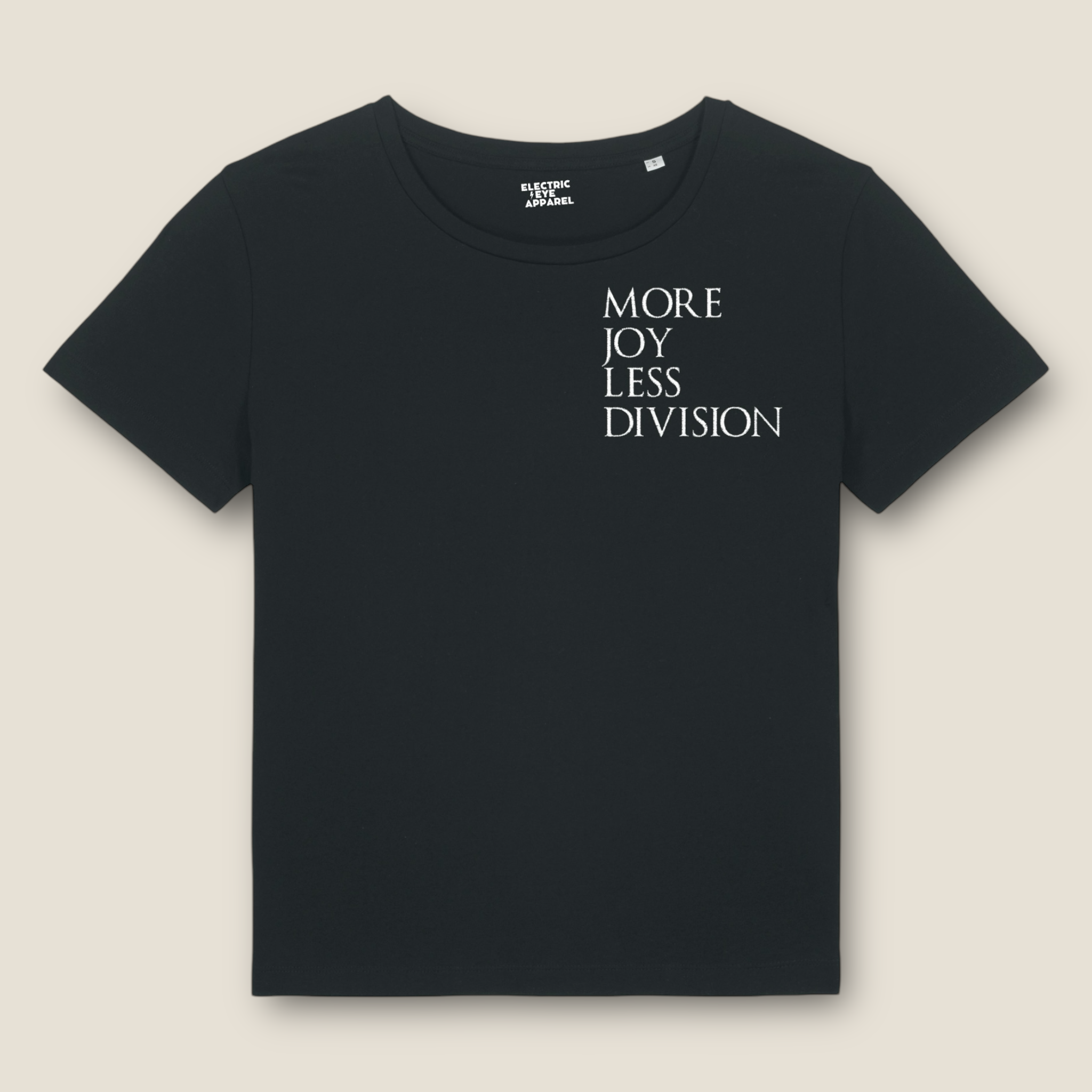 'MORE JOY LESS DIVISION' Left chest embroidered premium organic women's iconic mid-light 'Sienna' t-shirt
