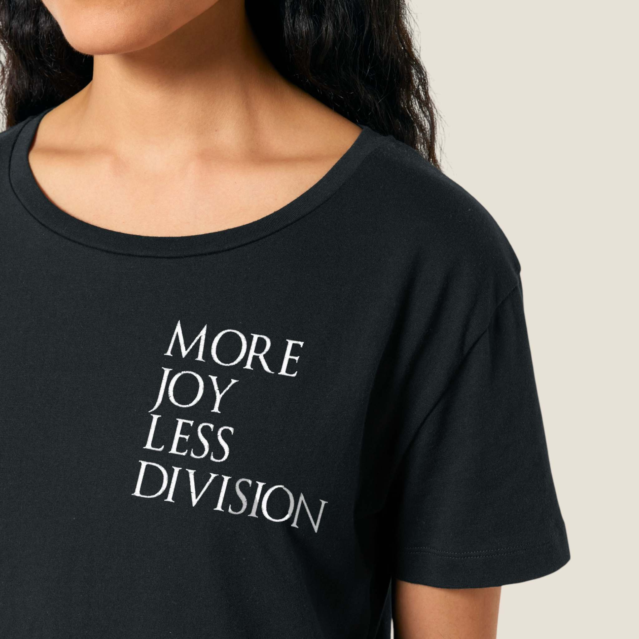 'MORE JOY LESS DIVISION' Left chest embroidered premium organic women's iconic mid-light 'Sienna' t-shirt