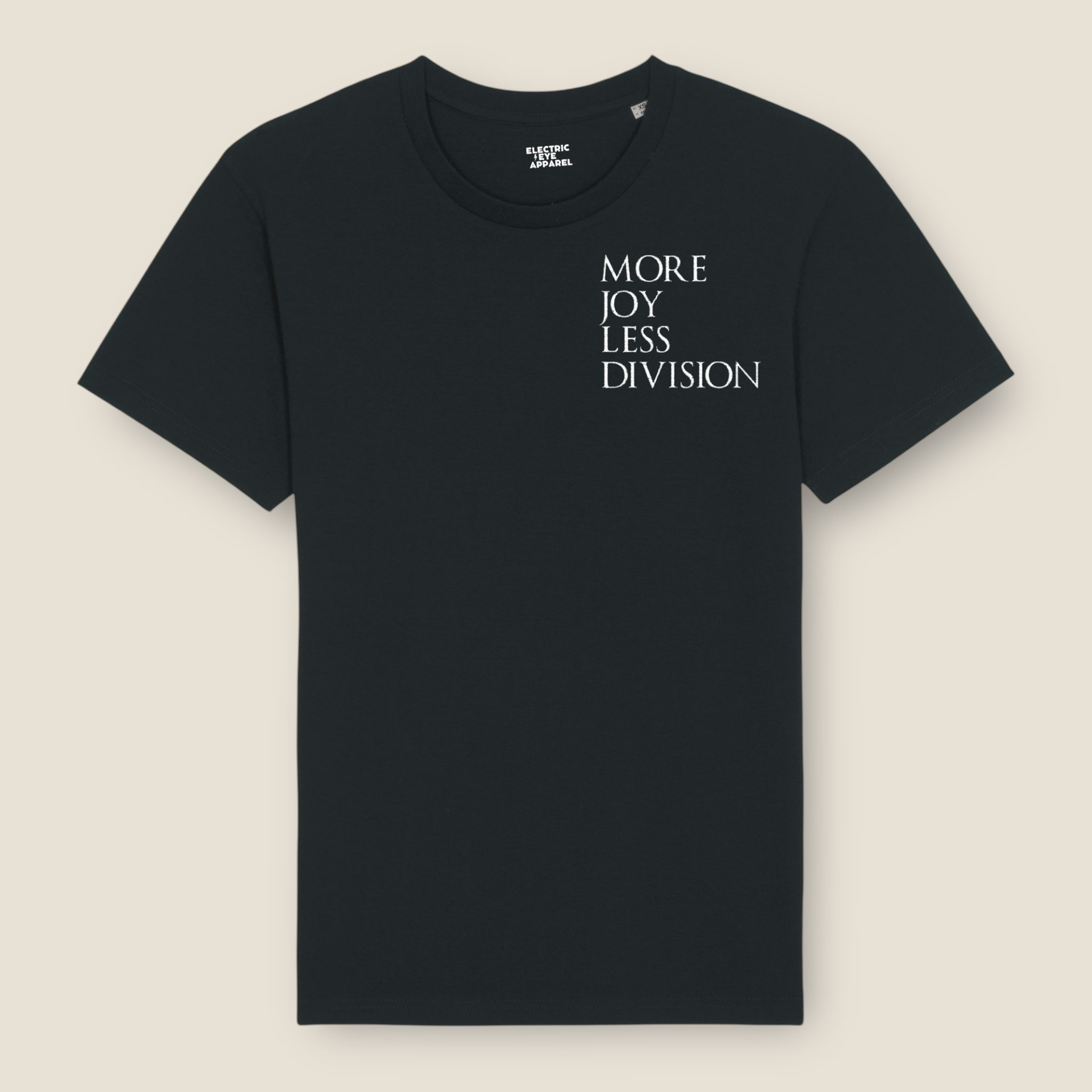 'MORE JOY LESS DIVISION' Left chest embroidered premium organic men's classic crew neck 'Rocker' t-shirt