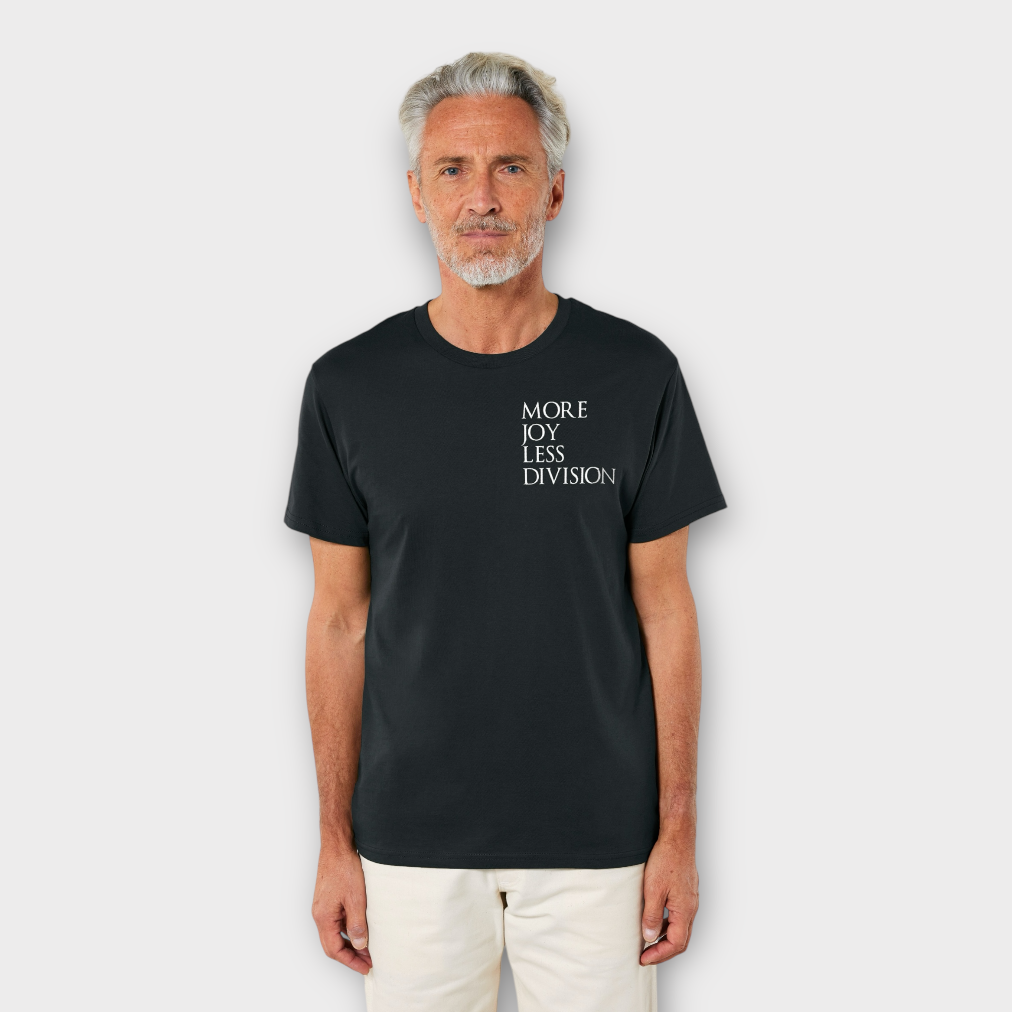 'MORE JOY LESS DIVISION' Left chest embroidered premium organic men's classic crew neck 'Rocker' t-shirt