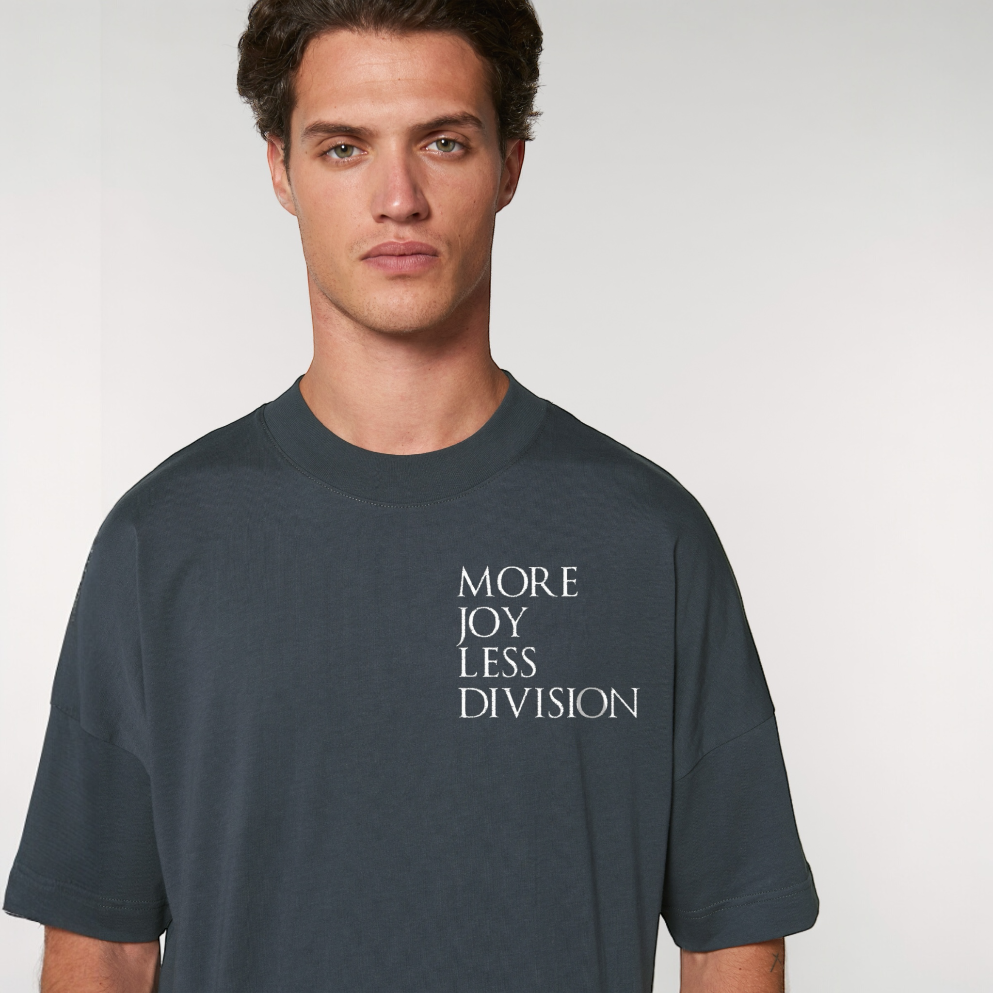 'MORE JOY LESS DIVISION' left chest embroidered heavy weight organic cotton unisex drop shoulder 'blaster' t-shirt