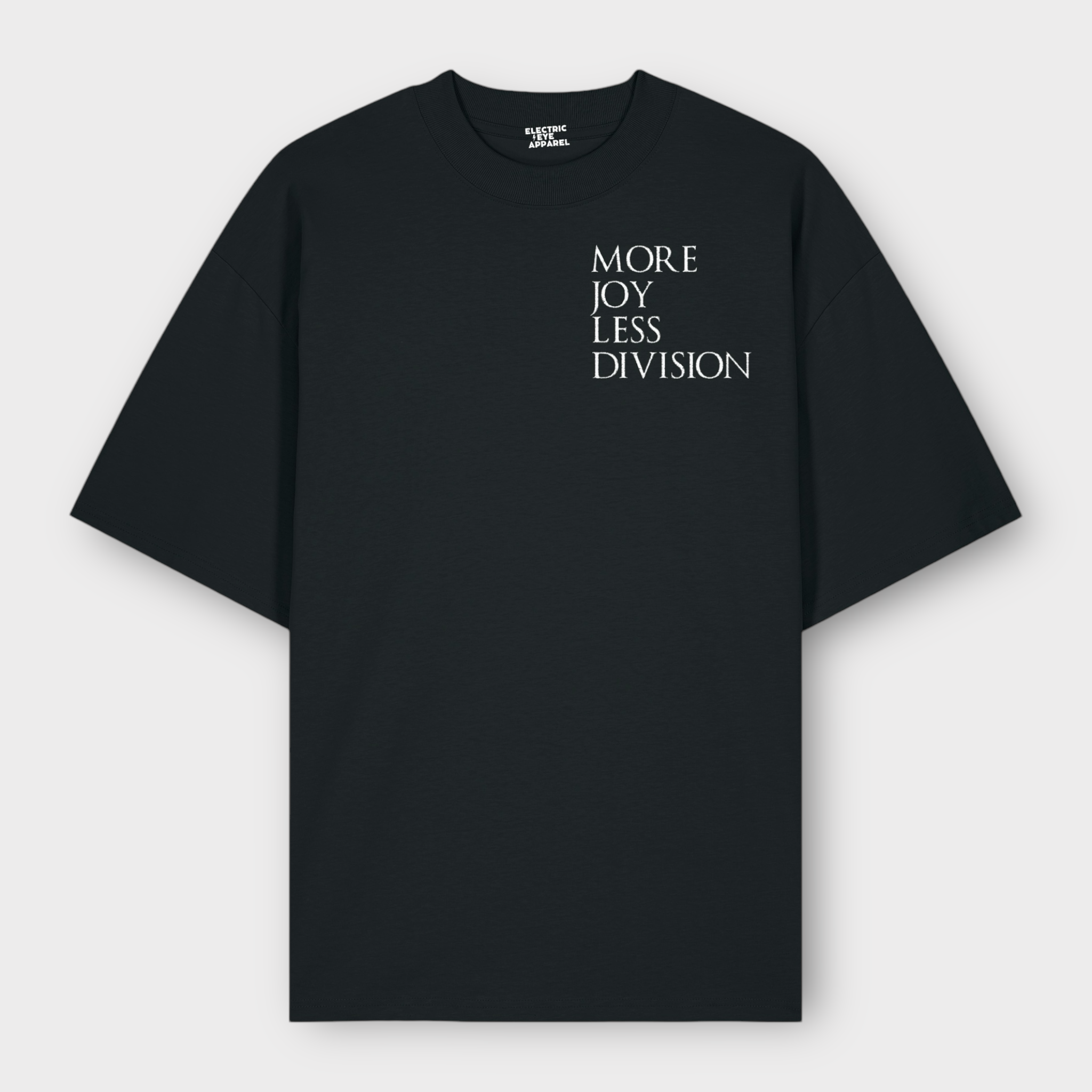 'MORE JOY LESS DIVISION' left chest embroidered heavy weight organic cotton unisex drop shoulder 'blaster' t-shirt