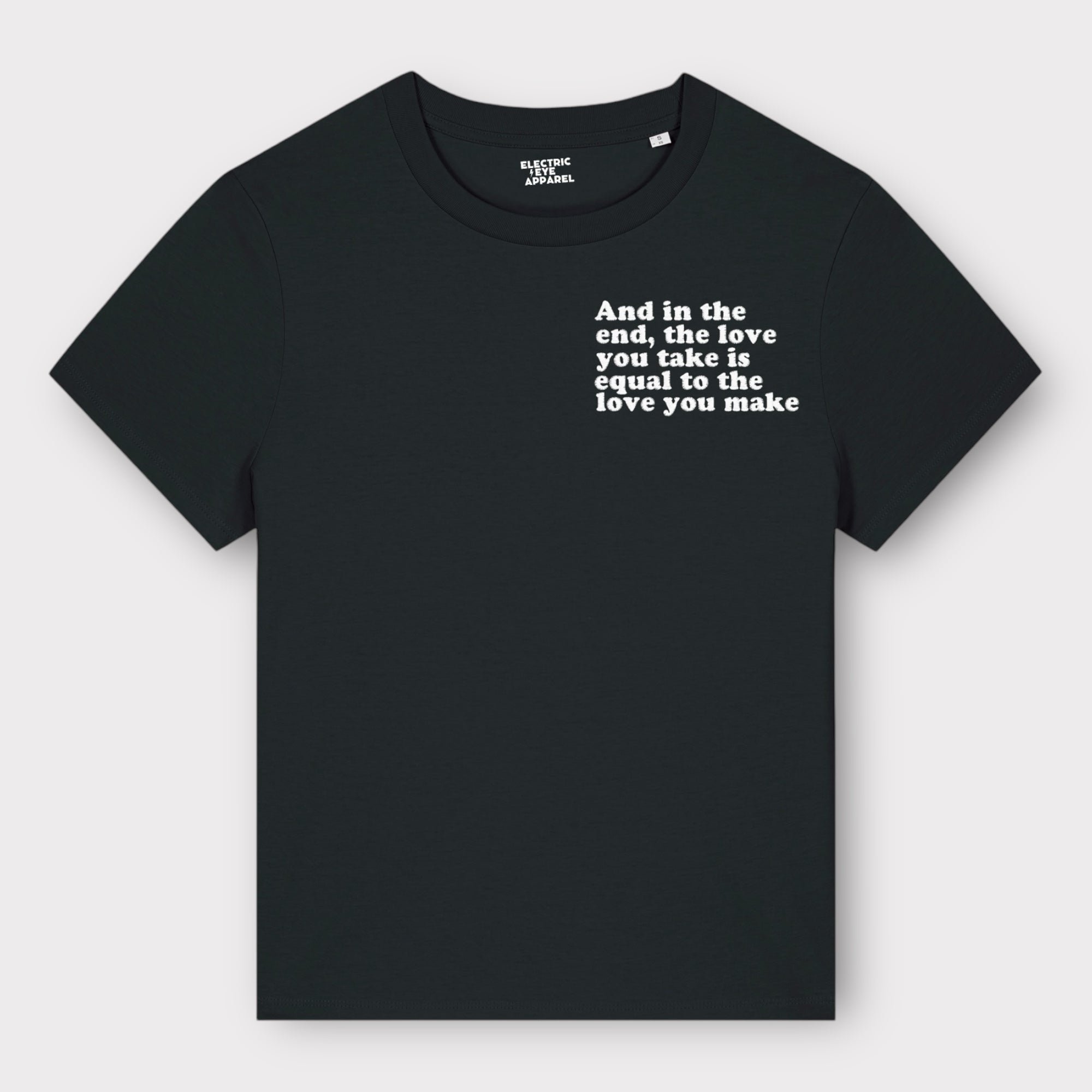 'And in the end the love you take is equal to the love you make' women's left chest embroidered premium organic medium fit 'Muser' t-shirt - inspired by The Beatles