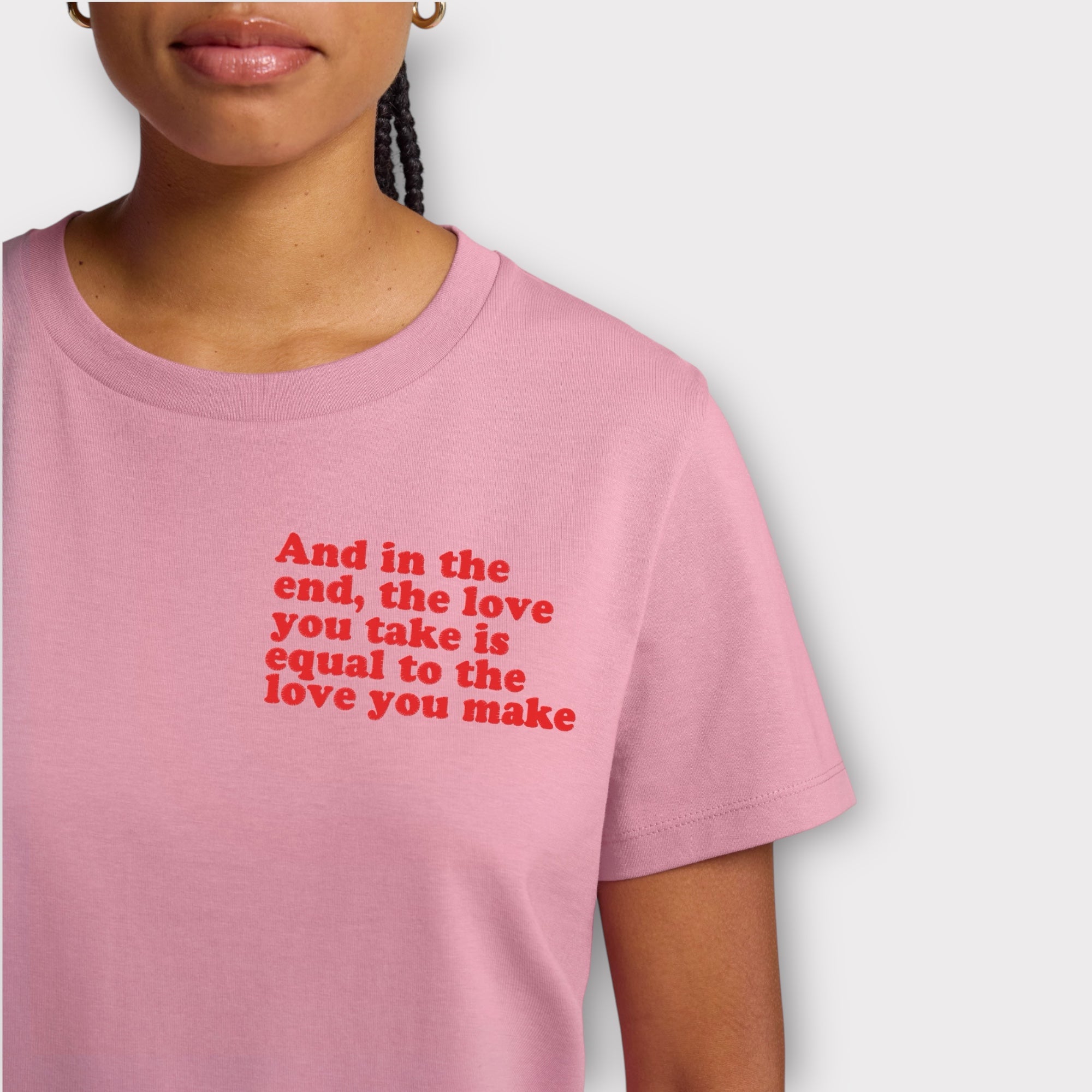 'And in the end the love you take is equal to the love you make' women's left chest embroidered premium organic medium fit 'Muser' t-shirt - inspired by The Beatles
