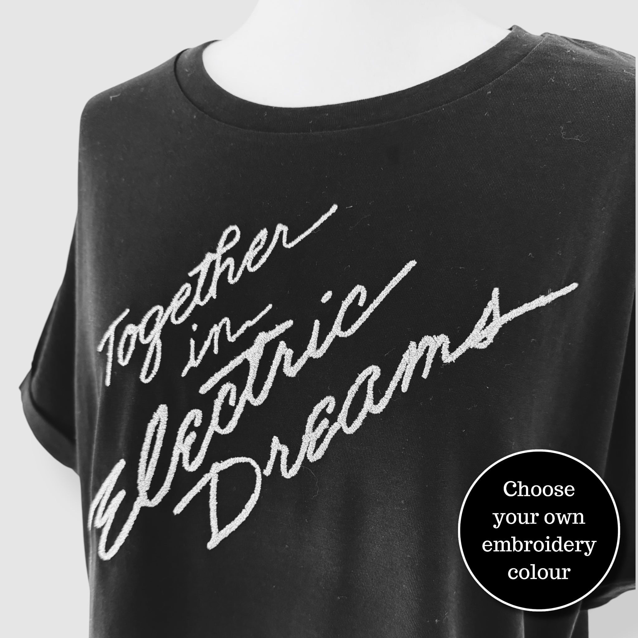 'TOGETHER IN ELECTRIC DREAMS' embroidered premium organic women's collider t-shirt