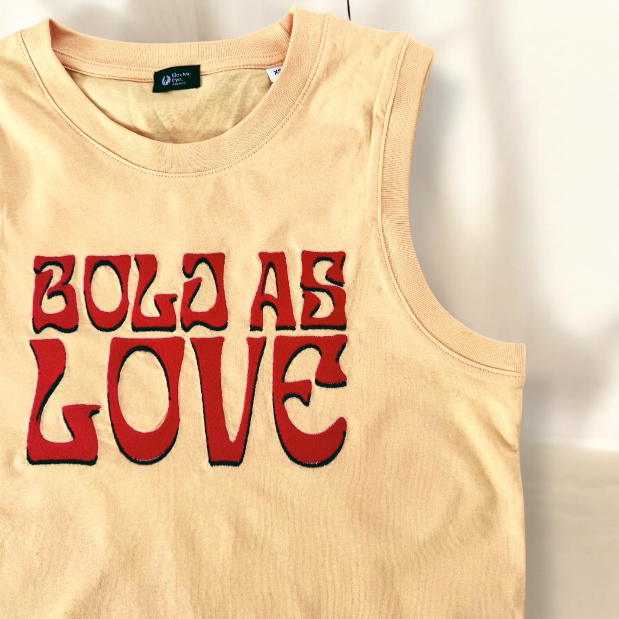 70s style 'BOLD AS LOVE' embroidered premium organic iconic women's sleeveless 'Mia' tank vest top.