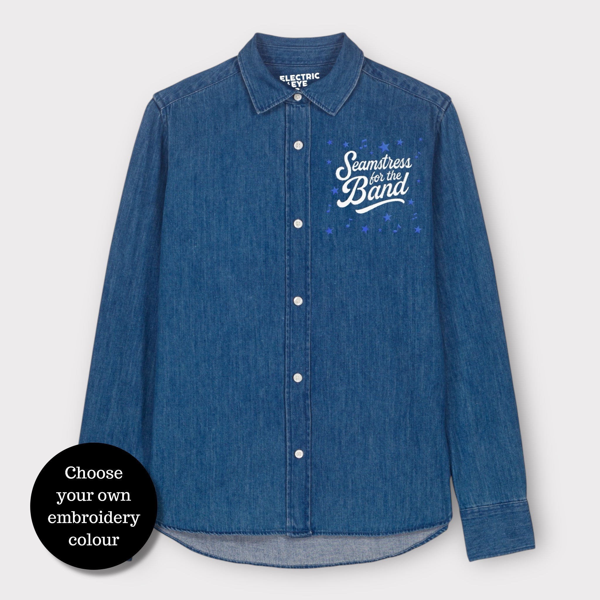 'SEAMSTRESS FOR THE BAND' star & music note embroidered women's organic denim shirt - inspired by Elton John