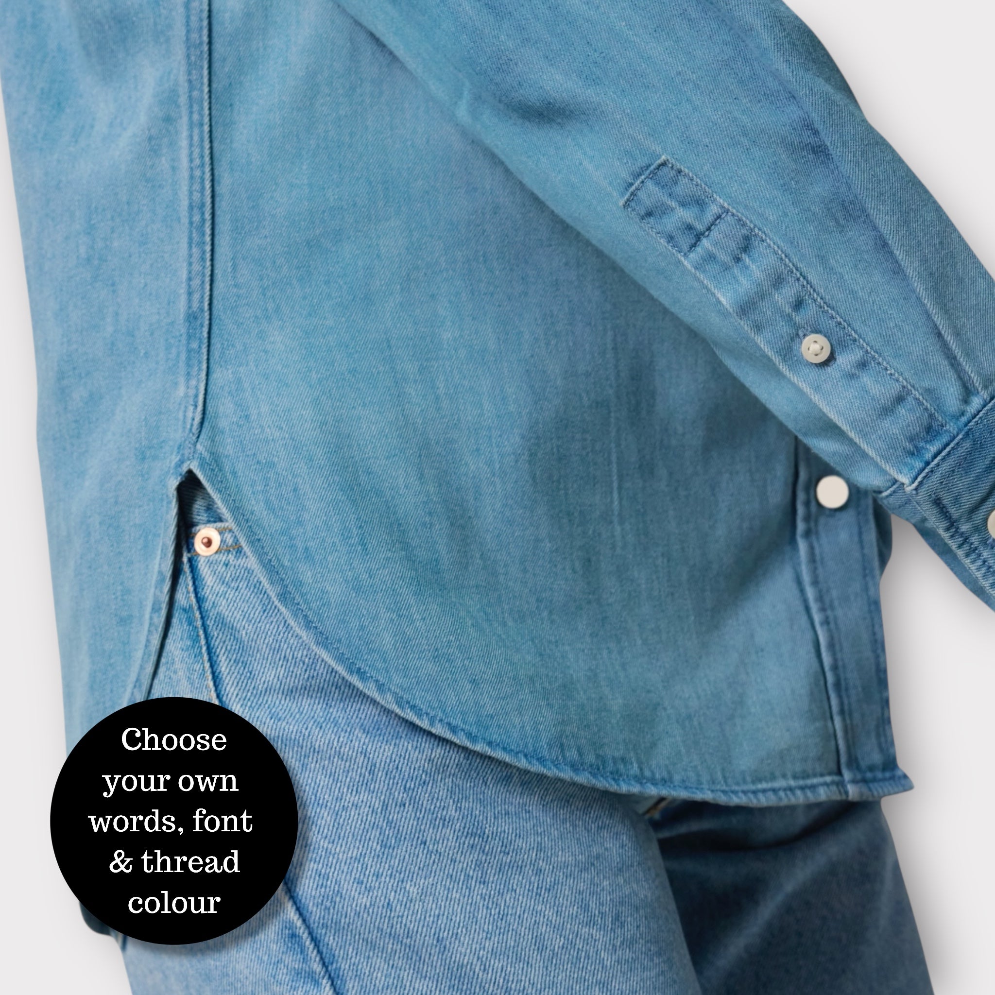 Personalised left chest embroidered women's organic denim 'Beth' shirt - choose your own words, font & thread colour