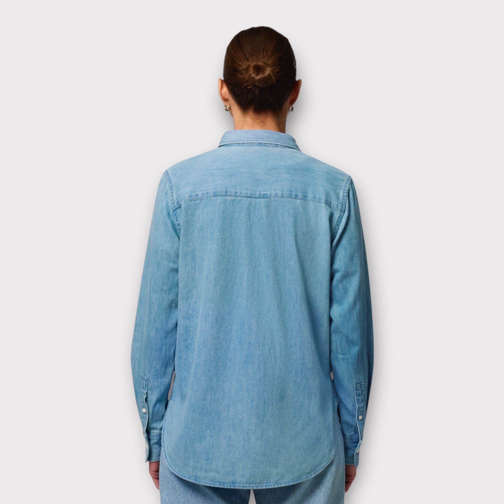 Personalised left chest embroidered women's organic denim 'Beth' shirt - choose your own words, font & thread colour