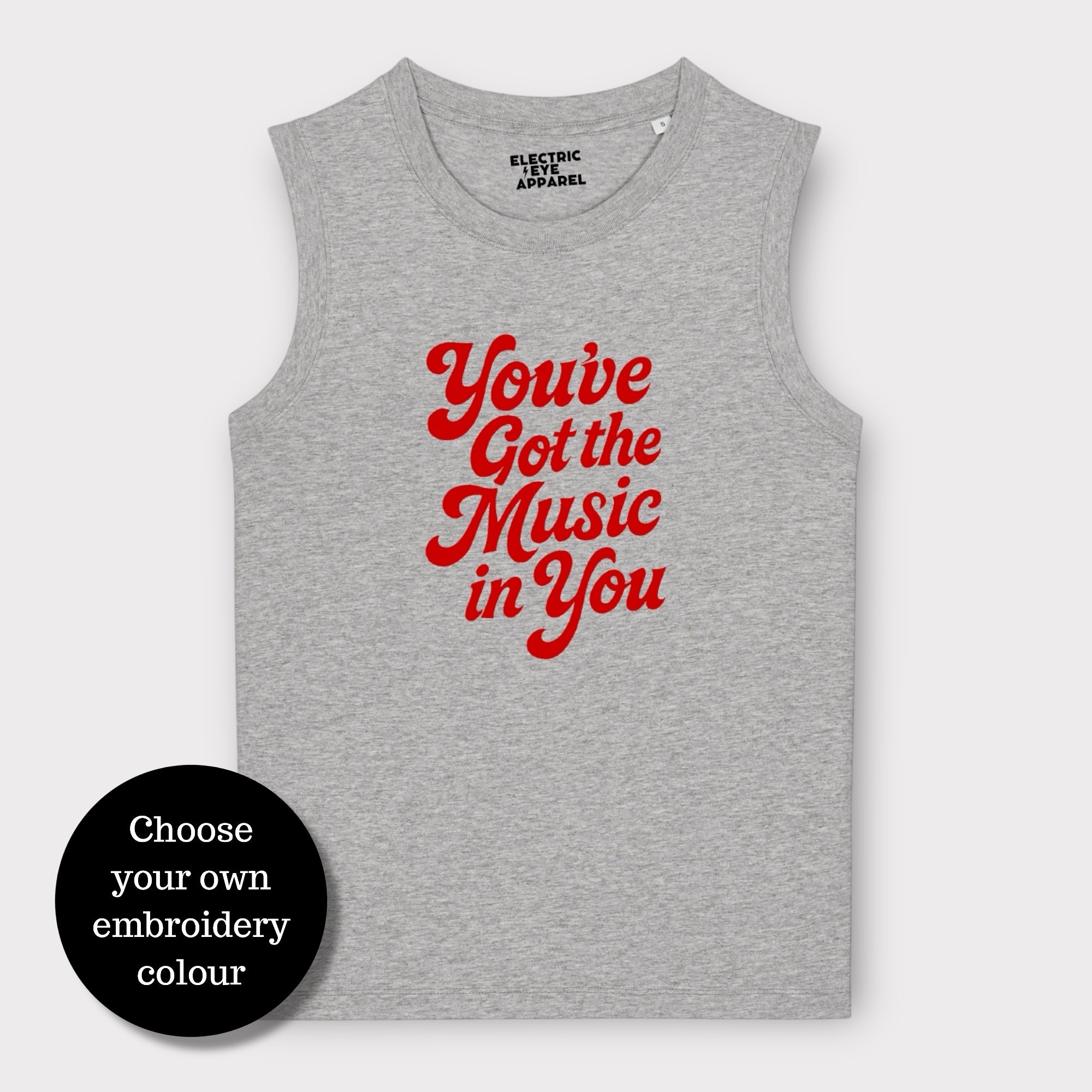 'You've Got The Music In You' 70s typography embroidered premium organic iconic women's sleeveless 'Mia' tank vest top - inspired by Lana Del Rey