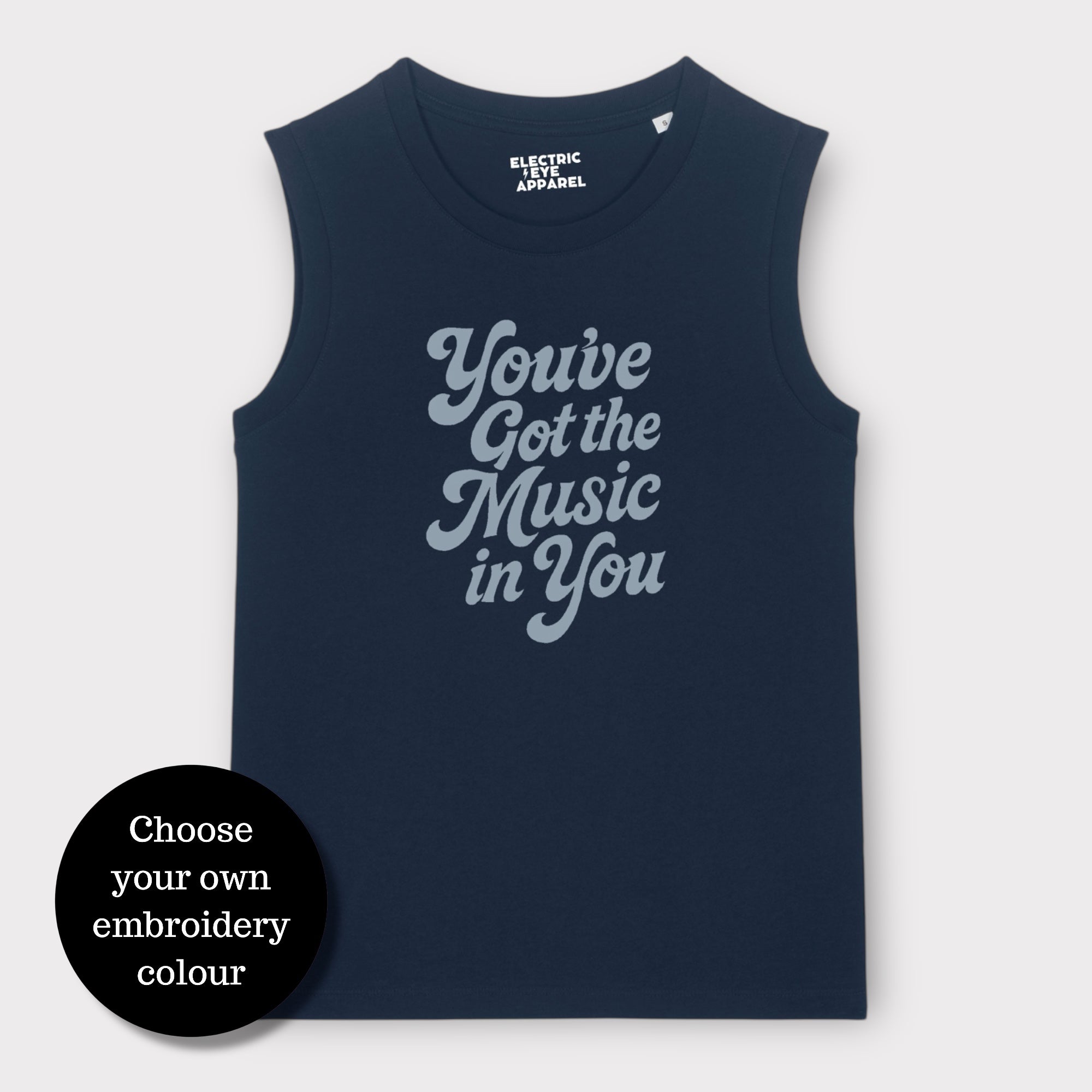 'You've Got The Music In You' 70s typography embroidered premium organic iconic women's sleeveless 'Mia' tank vest top - inspired by Lana Del Rey