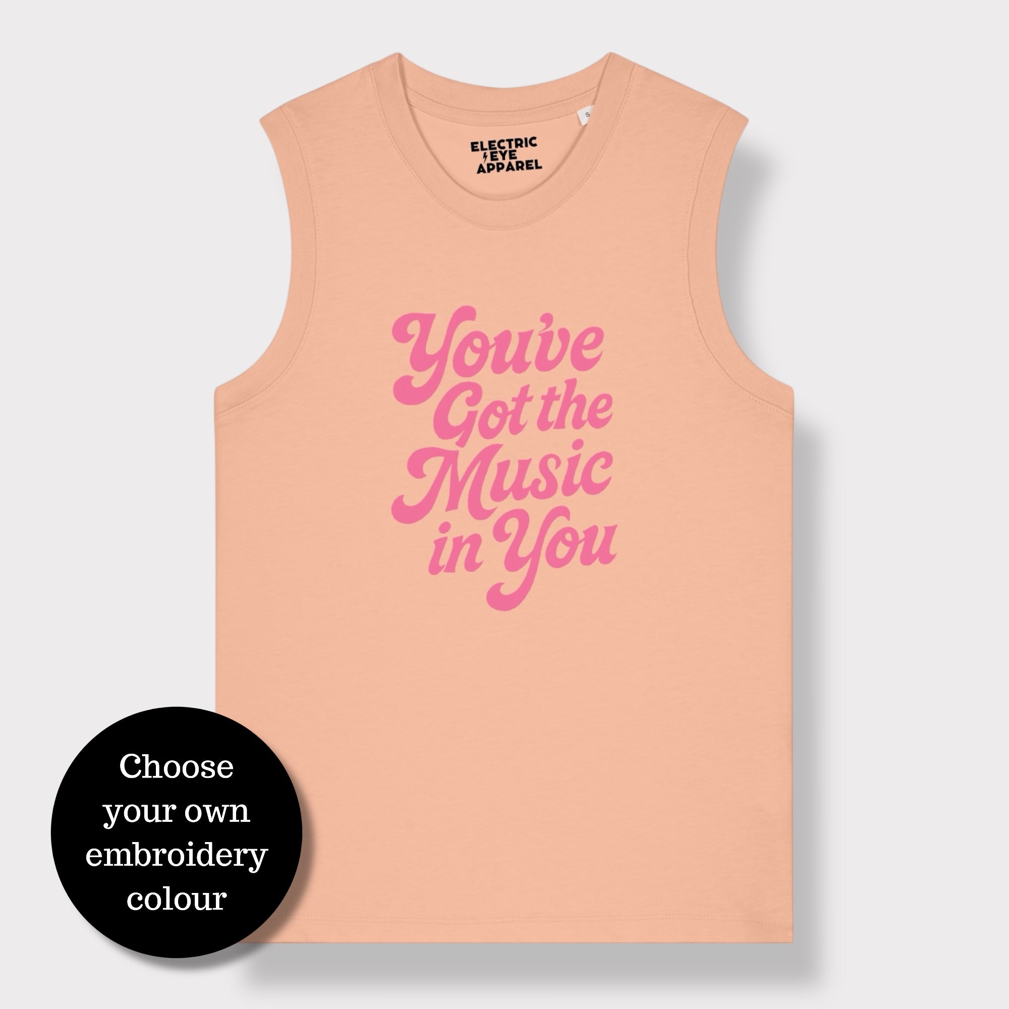 'You've Got The Music In You' 70s typography embroidered premium organic iconic women's sleeveless 'Mia' tank vest top - inspired by Lana Del Rey