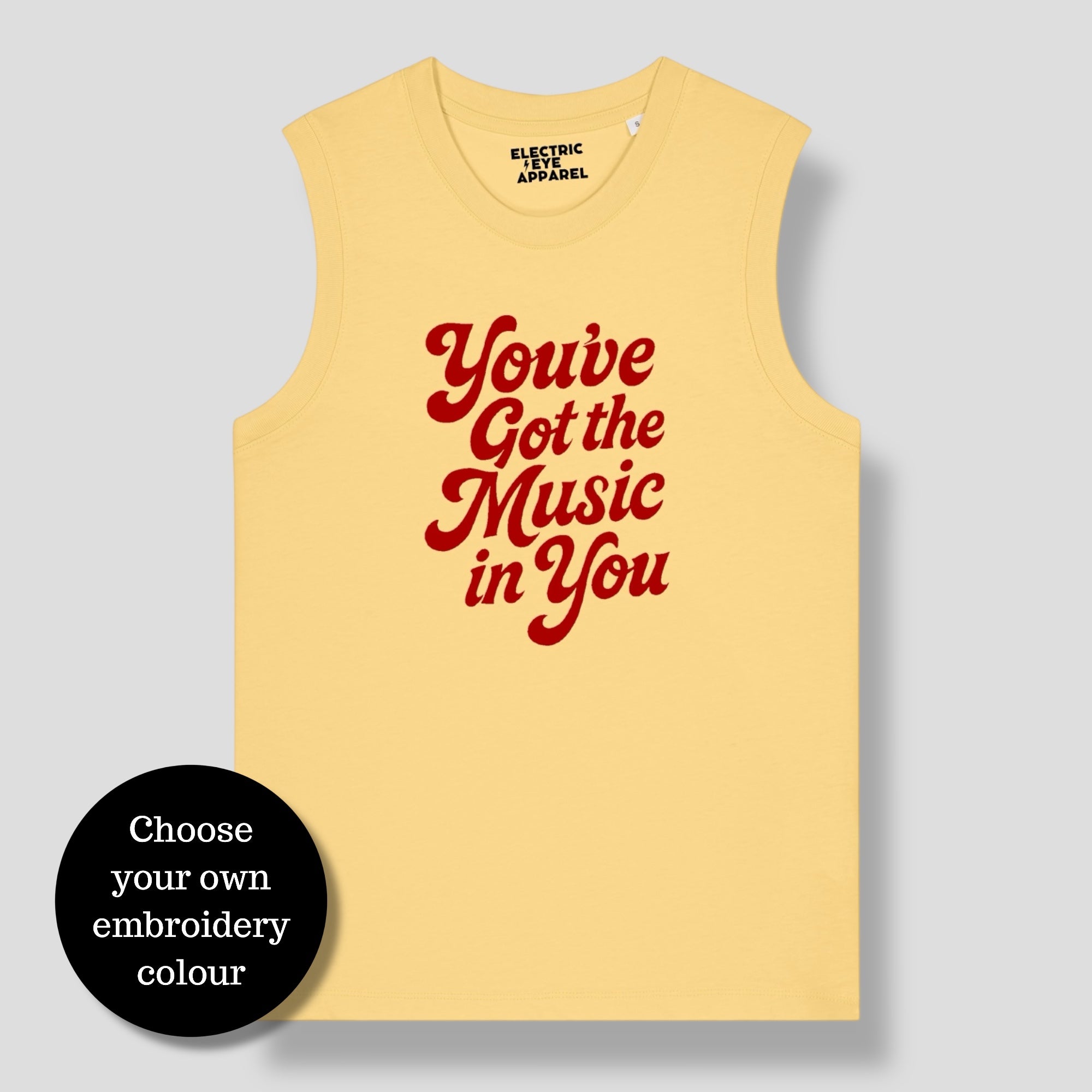'You've Got The Music In You' 70s typography embroidered premium organic iconic women's sleeveless 'Mia' tank vest top - inspired by Lana Del Rey