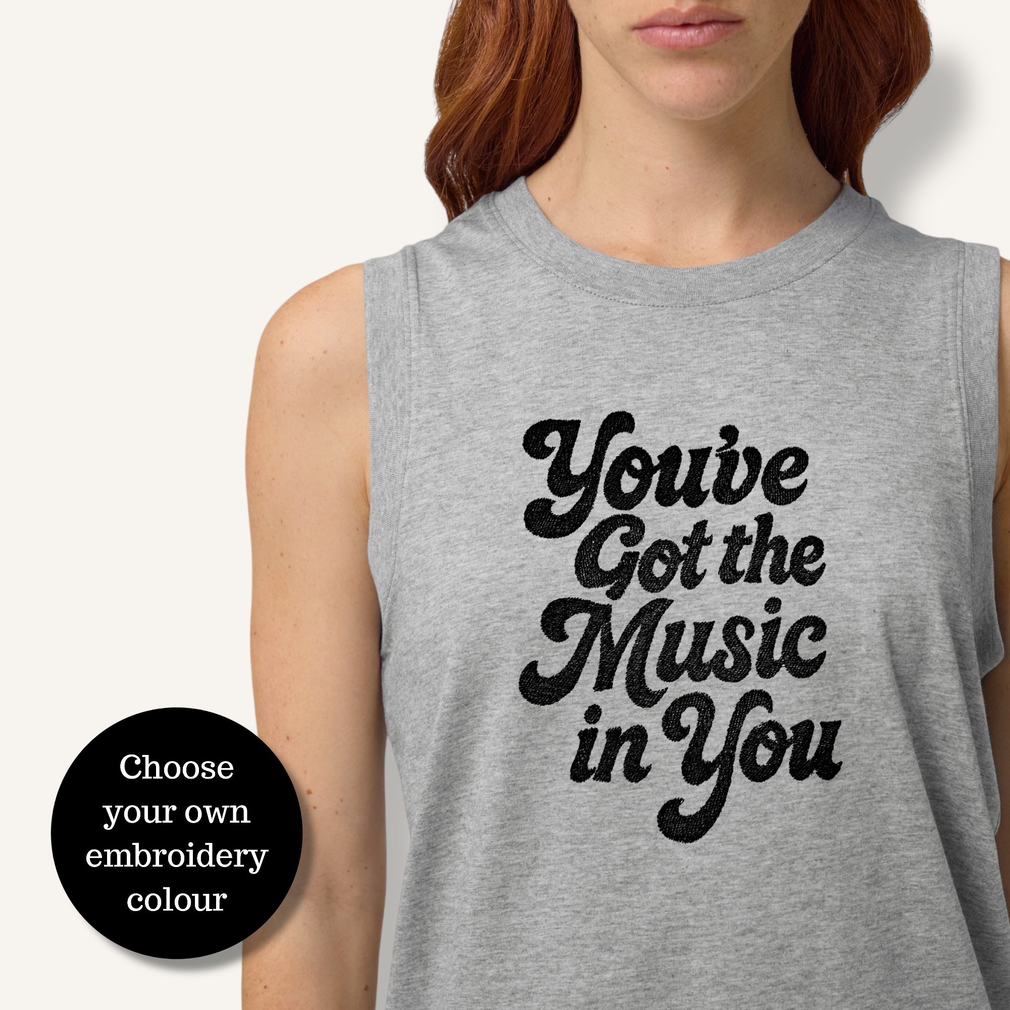 'You've Got The Music In You' 70s typography embroidered premium organic iconic women's sleeveless 'Mia' tank vest top - inspired by Lana Del Rey