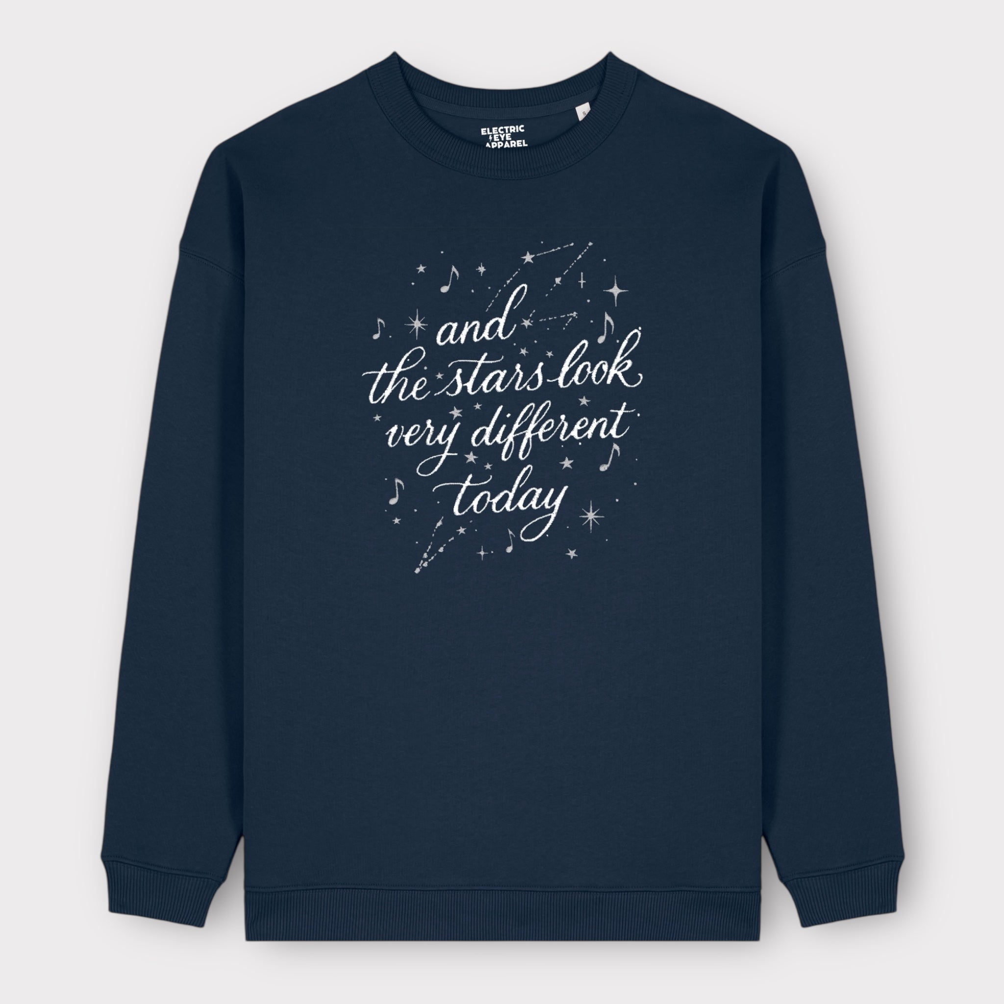 'AND THE STARS LOOK VERY DIFFERENT TODAY' glitter constellation embroidered organic women's 90s dropped shoulder 'Changer' sweatshirt - inspired by David Bowie