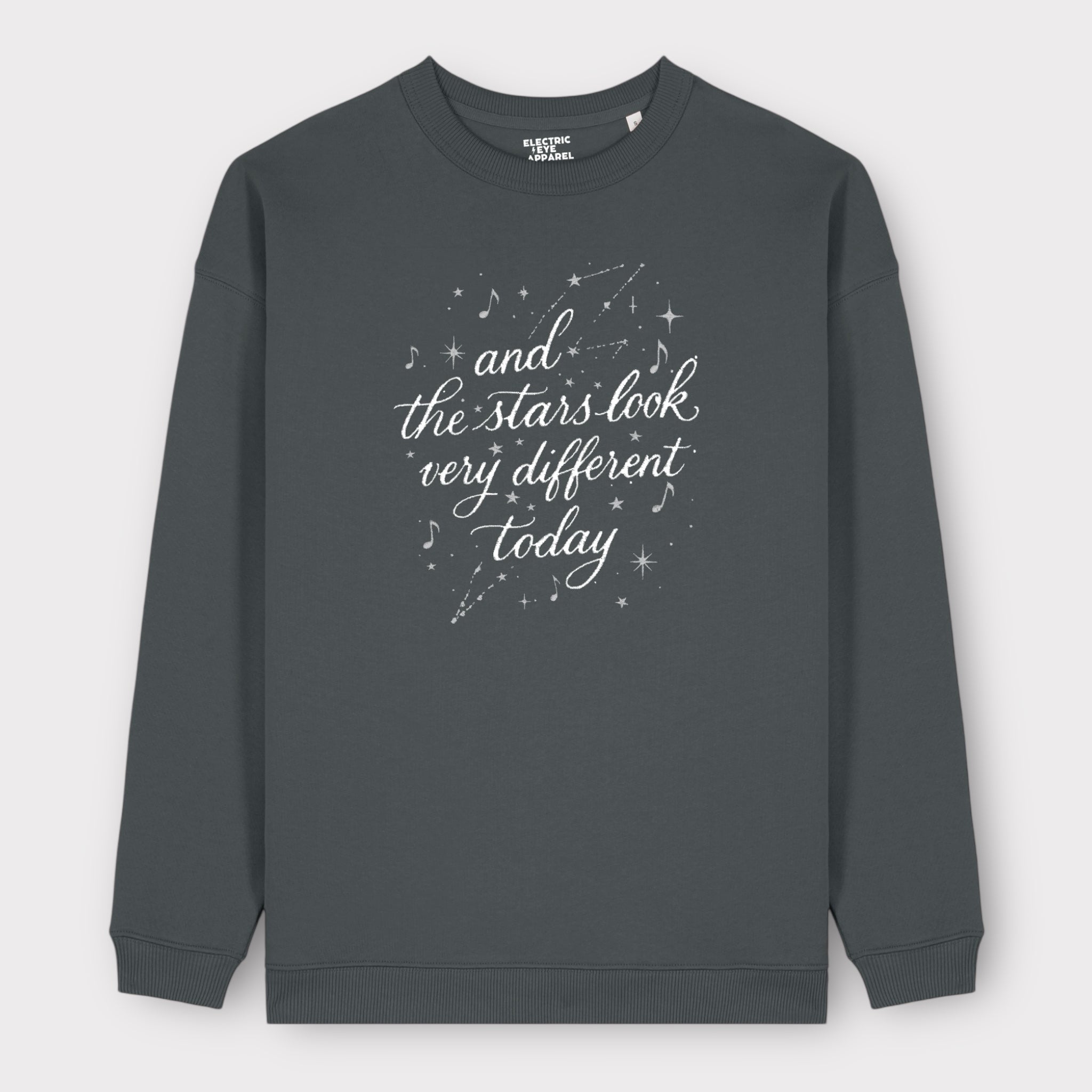 'AND THE STARS LOOK VERY DIFFERENT TODAY' glitter constellation embroidered organic women's 90s dropped shoulder 'Changer' sweatshirt - inspired by David Bowie