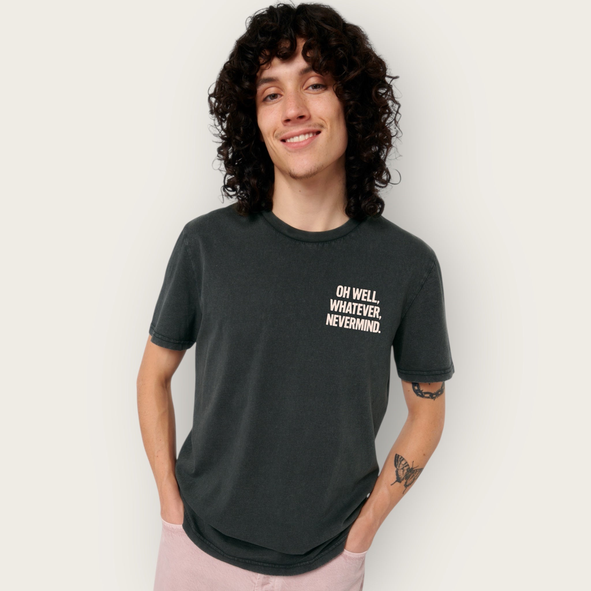 'OH WELL, WHATEVER, NEVERMIND.' embroidered premium organic unisex vintage aged t-shirt - inspired by Nirvana