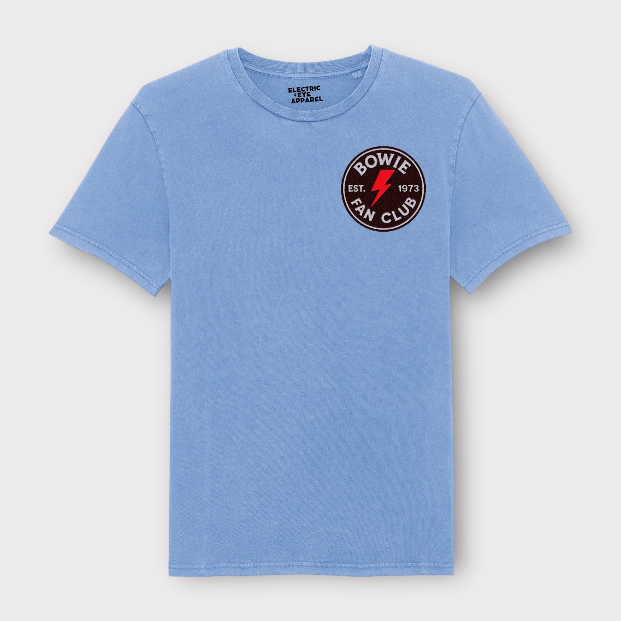 'BOWIE FANCLUB 1973 GLITTER BOLT BADGE' embroidered premium organic unisex vintage aged t-shirt