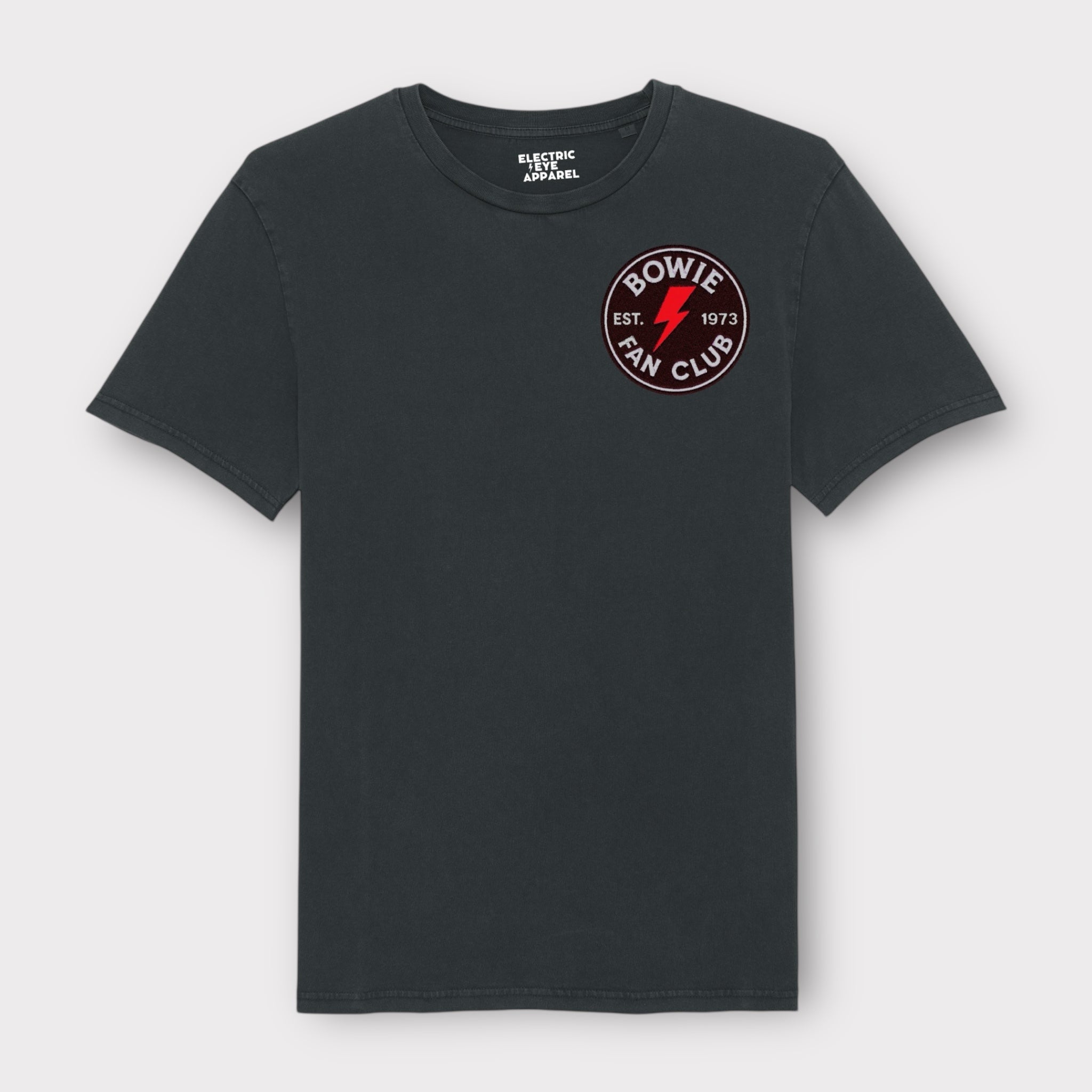'BOWIE FANCLUB 1973 GLITTER BOLT BADGE' embroidered premium organic unisex vintage aged t-shirt