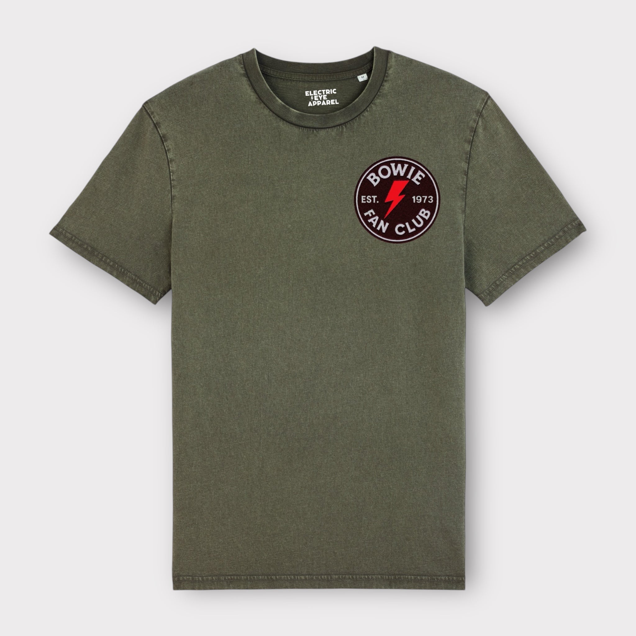 'BOWIE FANCLUB 1973 GLITTER BOLT BADGE' embroidered premium organic unisex vintage aged t-shirt
