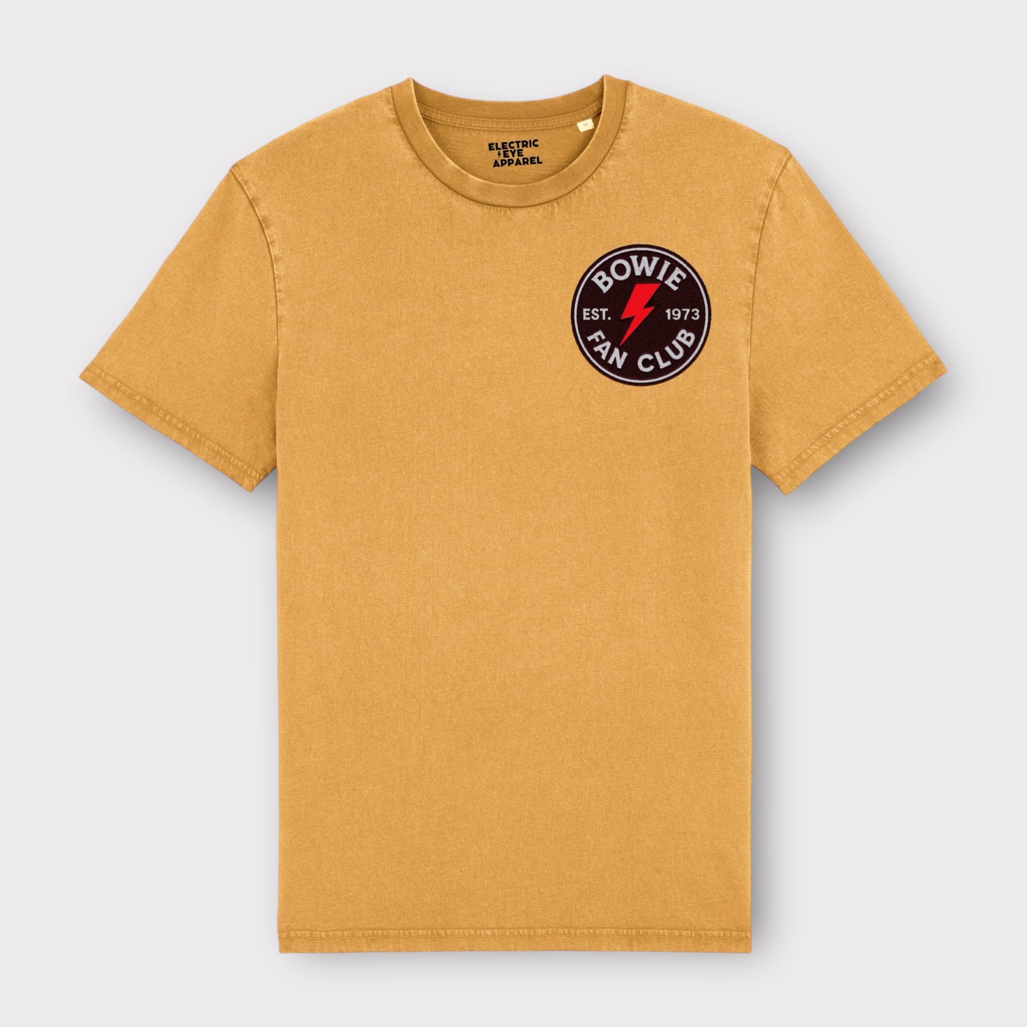 'BOWIE FANCLUB 1973 GLITTER BOLT BADGE' embroidered premium organic unisex vintage aged t-shirt