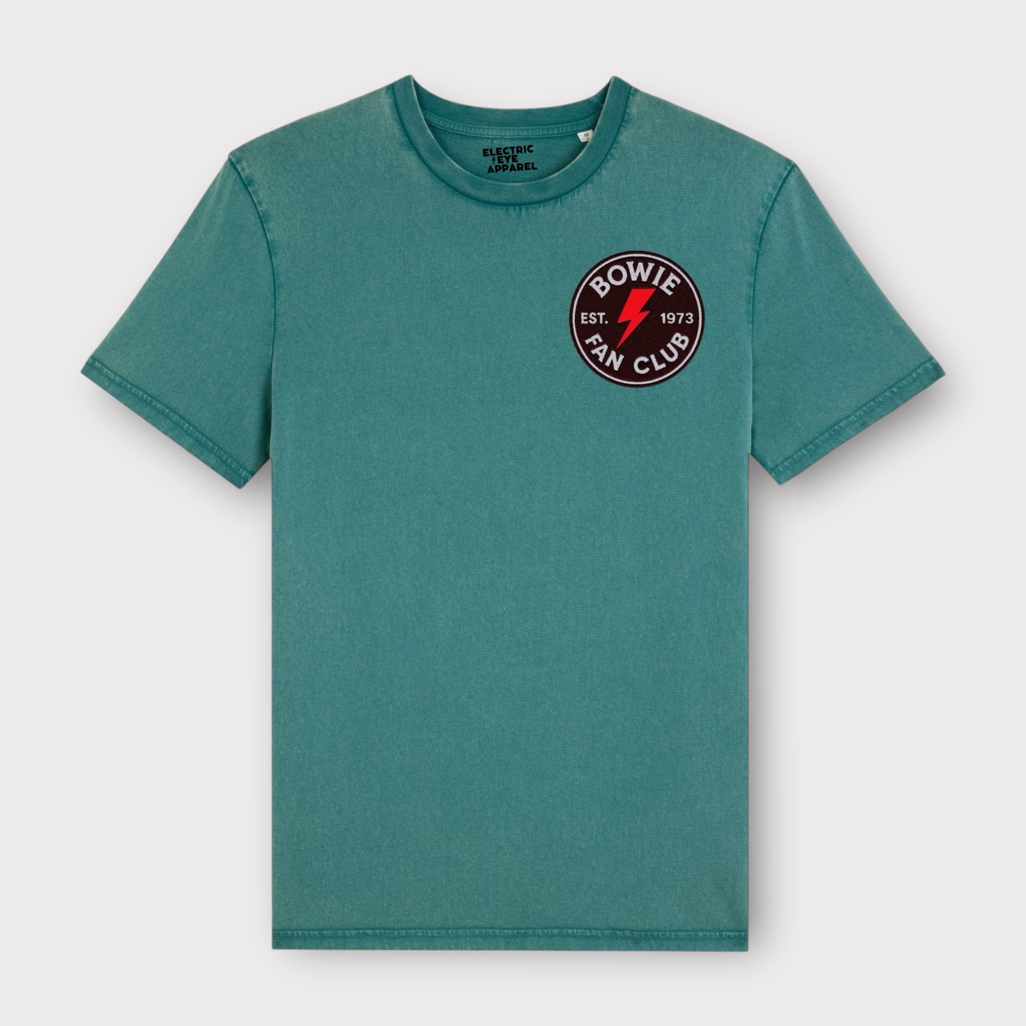 'BOWIE FANCLUB 1973 GLITTER BOLT BADGE' embroidered premium organic unisex vintage aged t-shirt